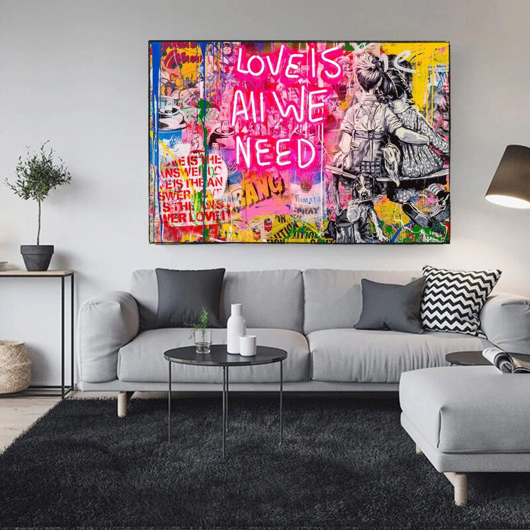 Banksy Love is All We Need Canvas Wall Art Print - Street Art Home Decor for Living Room, Bedroom & Office