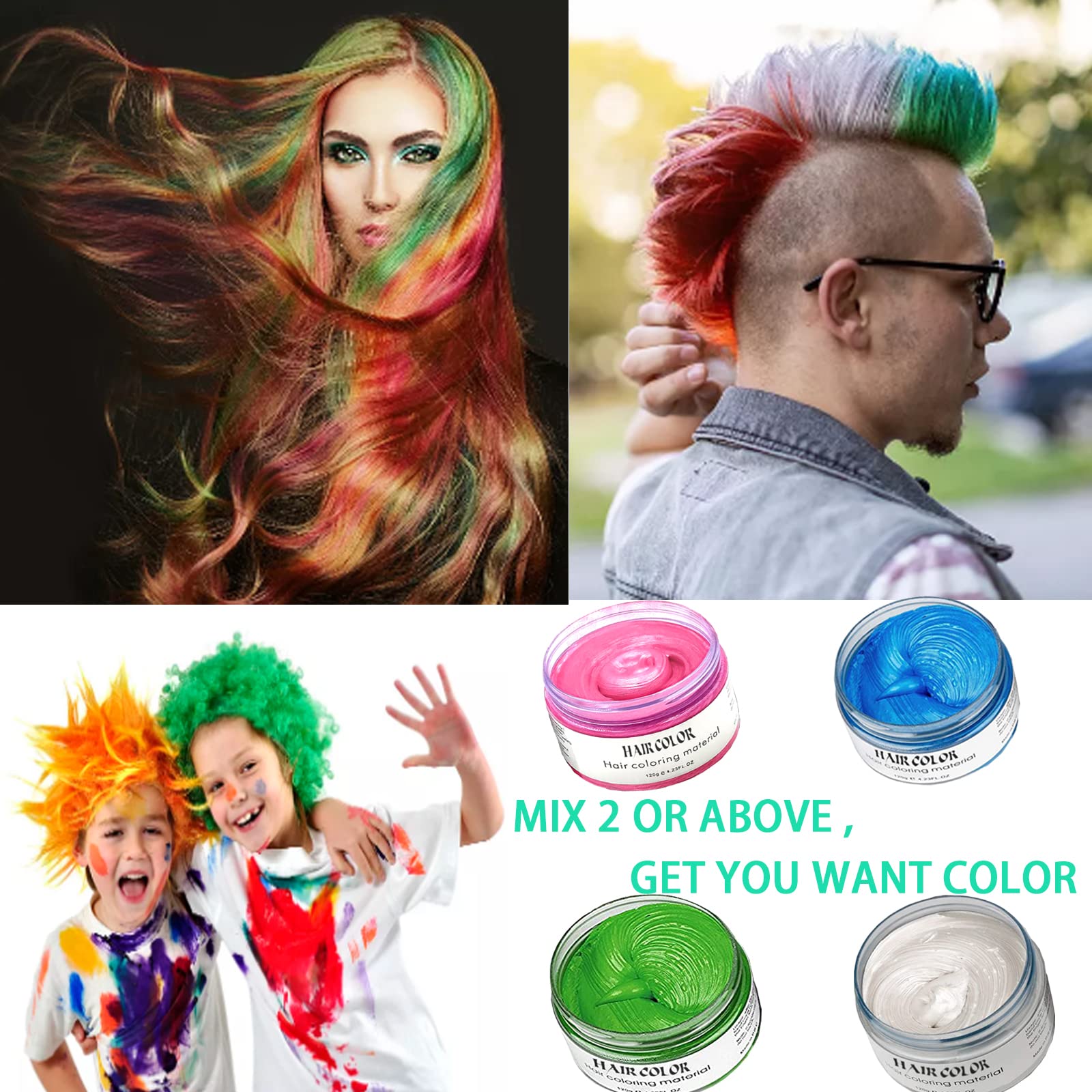 Temporary Hair Color Wax & Spray - Natural Disposable Hair Styling Clay for Cosplay, Halloween, Parties - Blue, White, Green, Pink (1 Pack) - Perfect for Costumes, Festivals & Creative Looks