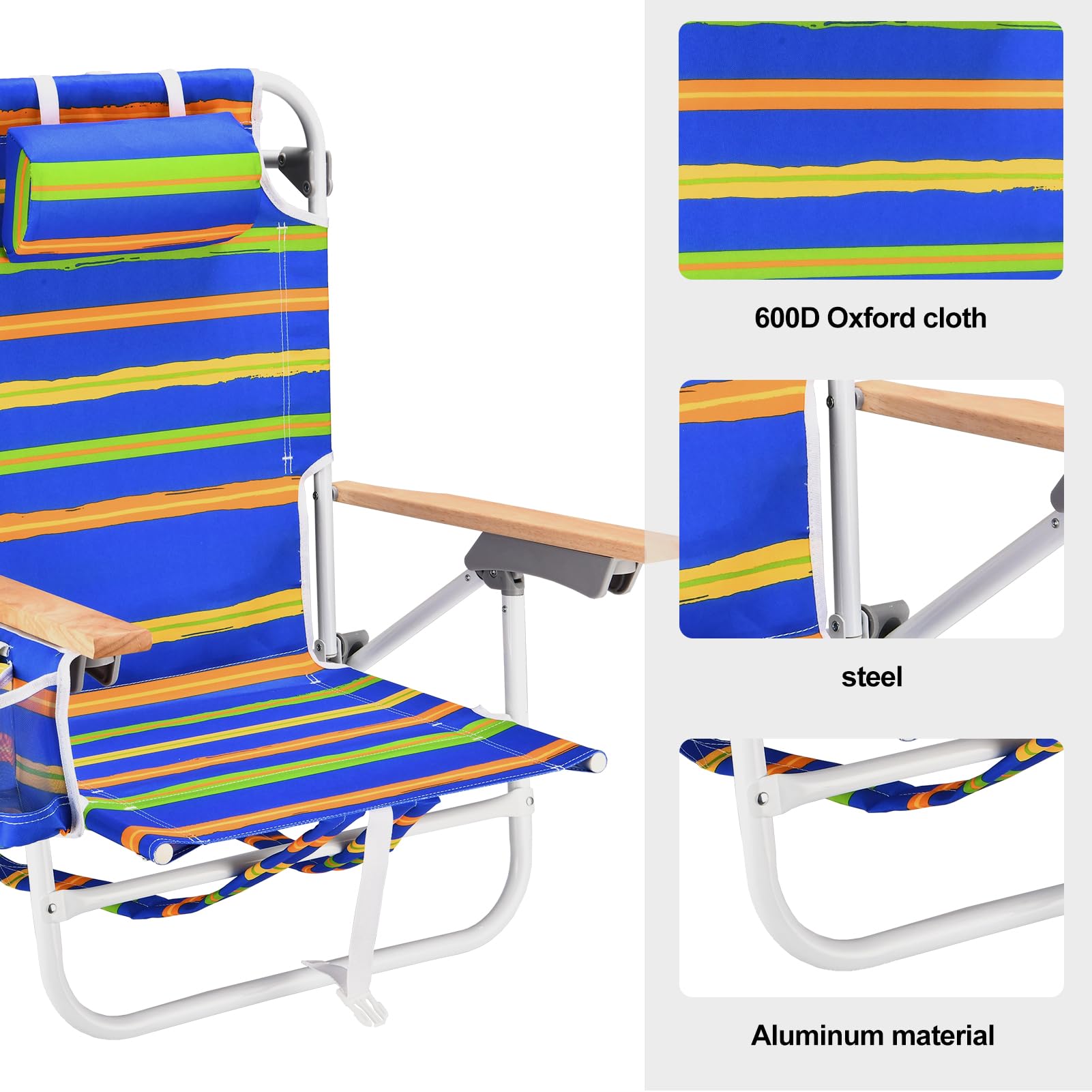 2 Pack Heavy Duty Beach Chairs for Adults - 300 lb Capacity, 5-Position Reclining, Lightweight Aluminum Frame with Storage Pouch & Carry Straps - Foldable for Travel, Camping, Picnics & Beach Days (Blue & Yellow Stripes)