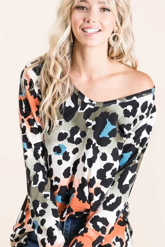 Bibi Gradation Leopard Print Soft Knit Deep U Neck T-Shirt - Rust/Olive Color Women's Casual Top for Fall Outfits & Date Nights