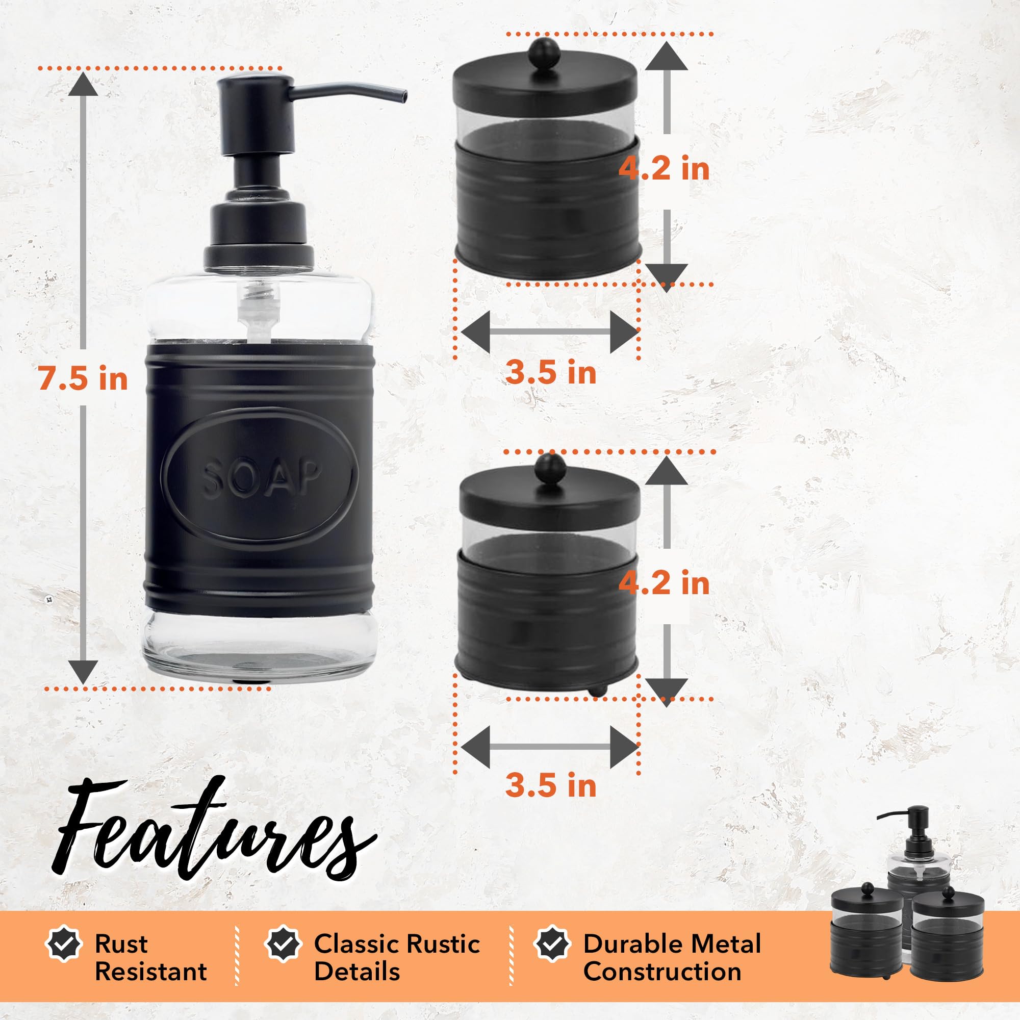 Modern Farmhouse Bathroom Accessory Set - 3-Piece Matte Black Soap Dispenser, Cotton Ball Holder & Q-Tip Organizer for Vanity - Rustic Bathroom Decor for Sink Countertop, Guest Bath & Farmhouse Style Homes