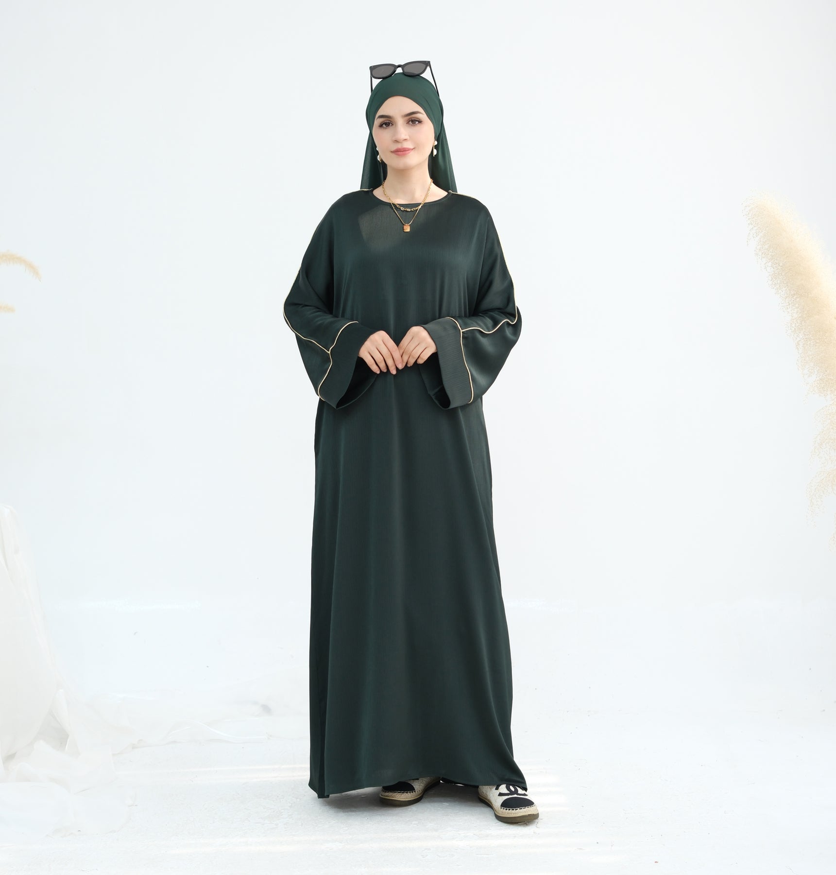 Stylish Ayana Textured Piping Detail Abaya Dress - Green | Modest Islamic Fashion for Women | Perfect for Prayer, Mosque & Special Occasions