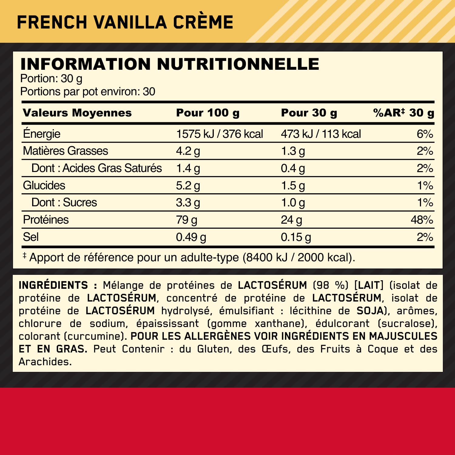 Optimum Nutrition Gold Standard Whey Protein Powder with Glutamine & Amino Acids - French Vanilla Creme, 2 lbs (908g), 29 Servings - Post-Workout Recovery & Muscle Building Supplement