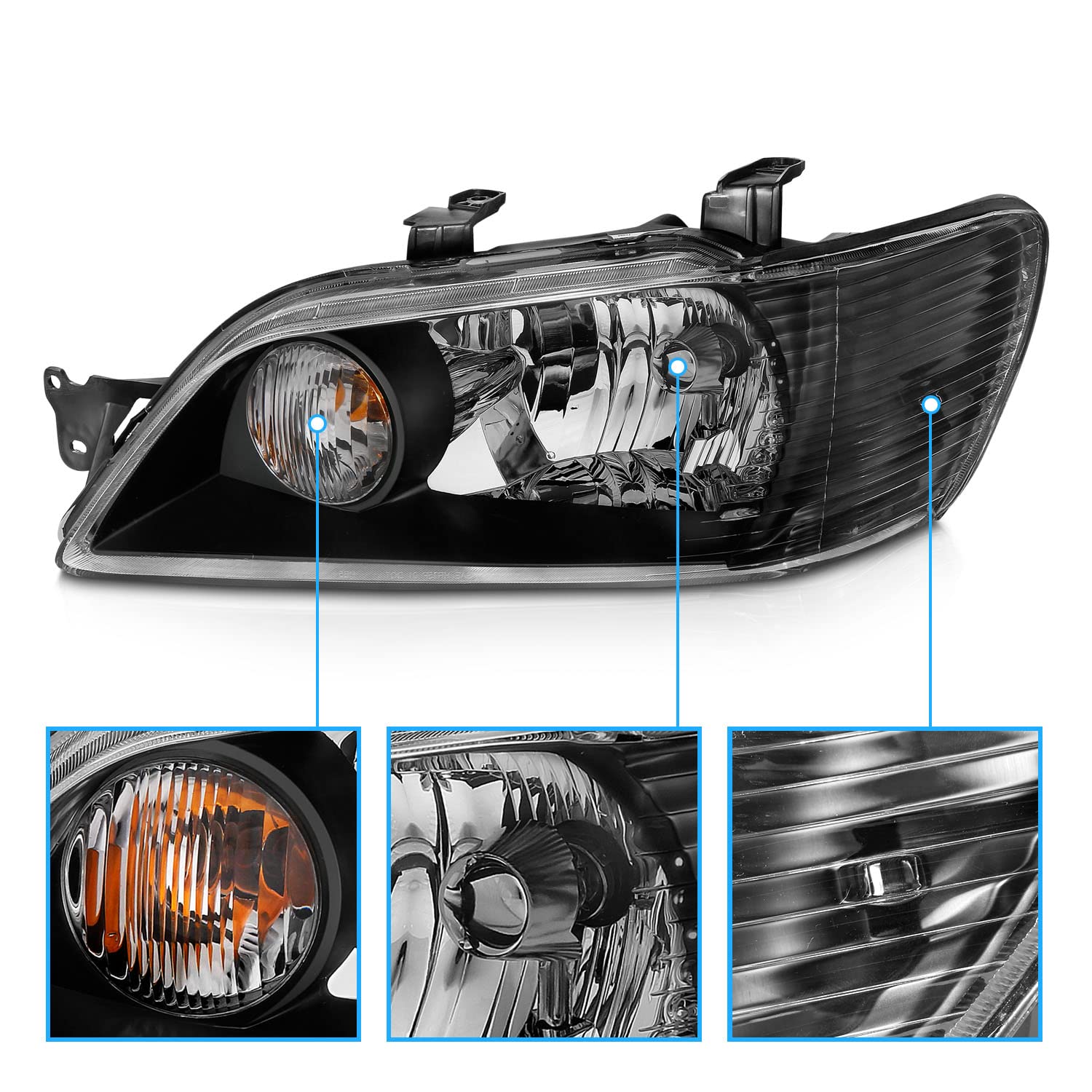 AmeriLite Black Replacement Headlights Set for 2002-2003 Mitsubishi Lancer - Left & Right Side Headlamps - Improve Night Visibility & Style Upgrade for Daily Driving & Car Shows