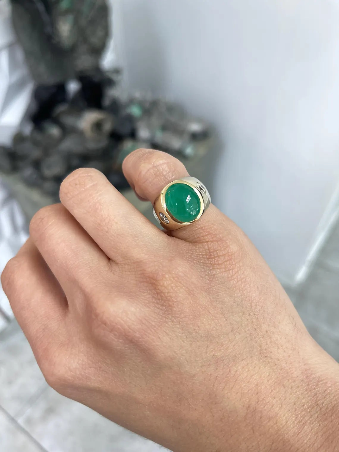 6.49 Carat Natural Emerald Cabochon Diamond Accent Three Stone Ring for Women - Elegant Wedding, Engagement & Anniversary Jewelry Gift