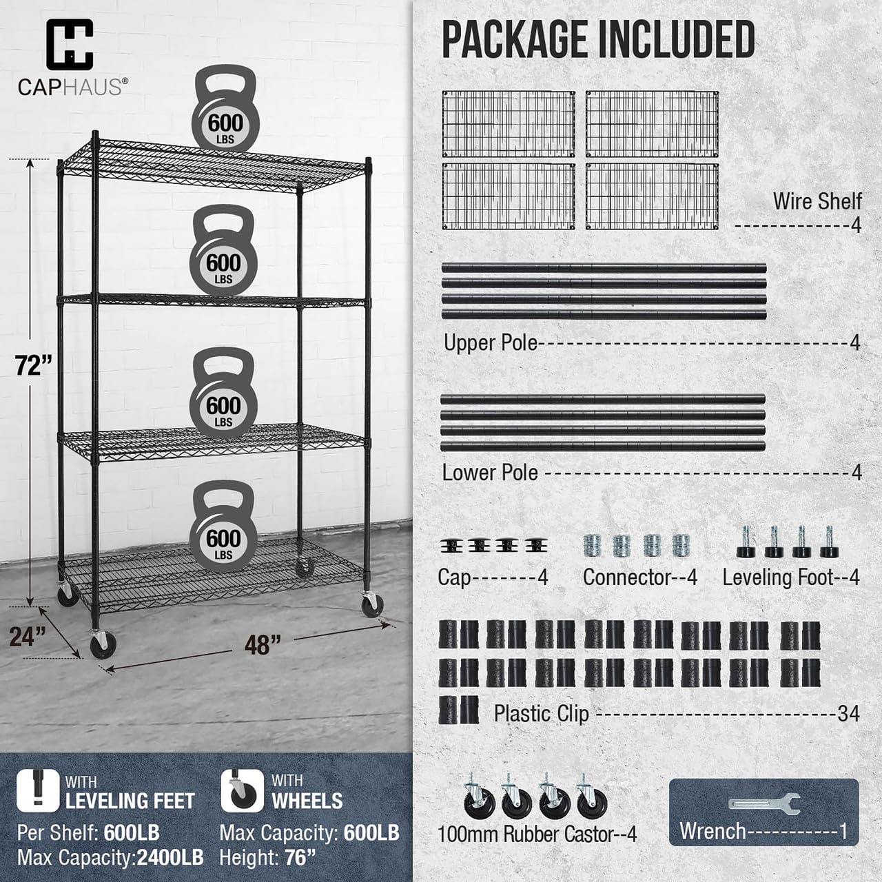 Heavy Duty Commercial Adjustable Wire Shelving with Wheels & Leveling Feet - NSF Certified 4-Tier Metal Utility Rack (48