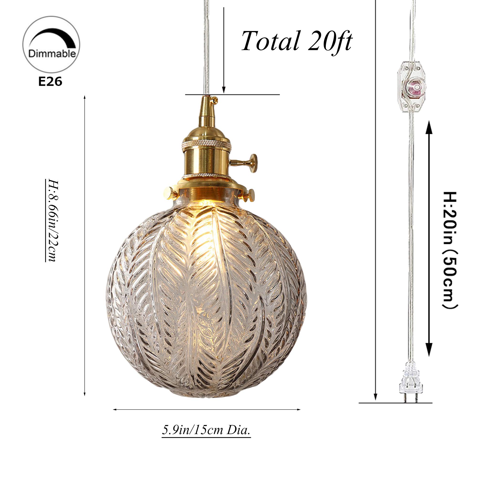 Plug-in Hanging Swag Lamp with 20ft Cord & Dimmer - No Wiring Needed, Smokey Grey Glass Shade & Copper Holder for Kitchen Island, Dining Room or Bedroom Lighting