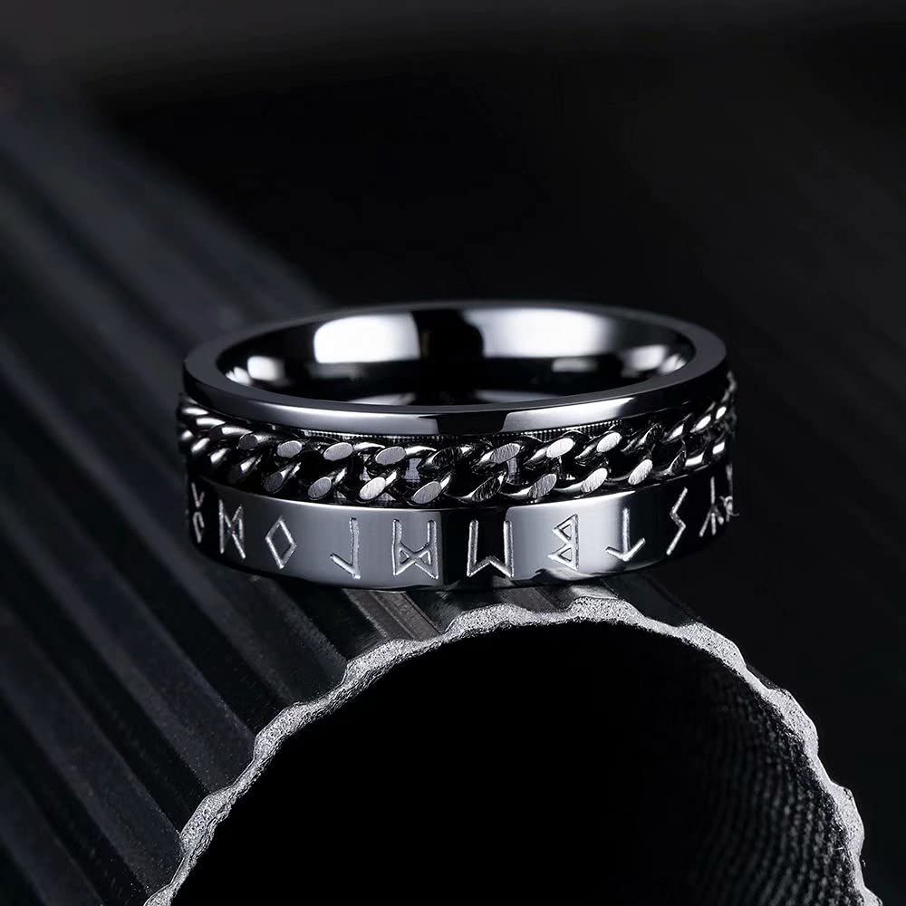King Will 8mm Black & Silver Spinner Ring - Stainless Steel Anxiety Relief Ring for Men & Women - Brushed Greek Key, Viking, Roman Numeral & Hammered Designs - Stress Relief Fidget Ring for Office, Travel & Meditation