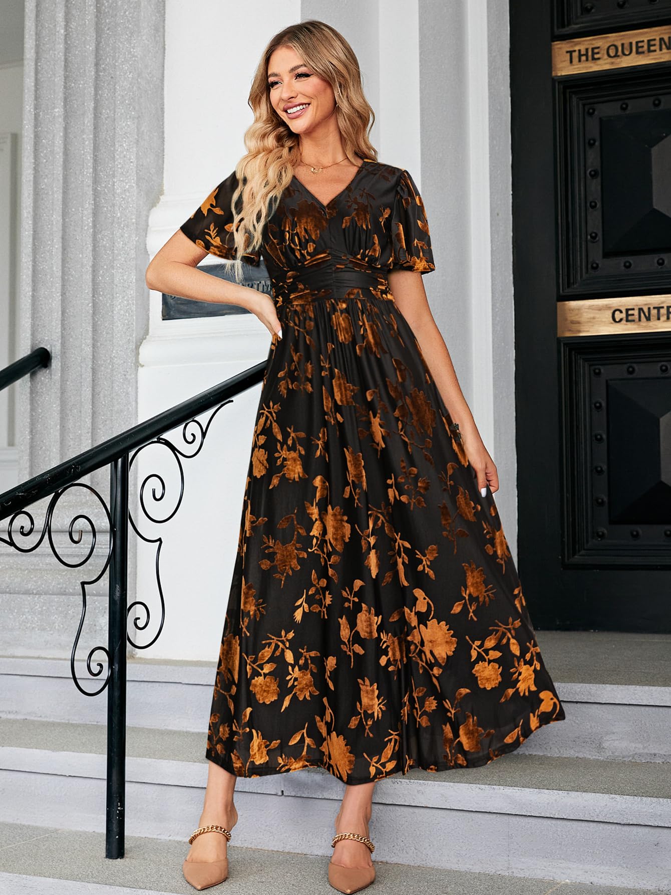 Simplee Women’s V Neck Velvet Maxi Dress - Short Sleeve Empire Waist Formal Gown for Wedding Guest, Party, Evening & Special Occasions