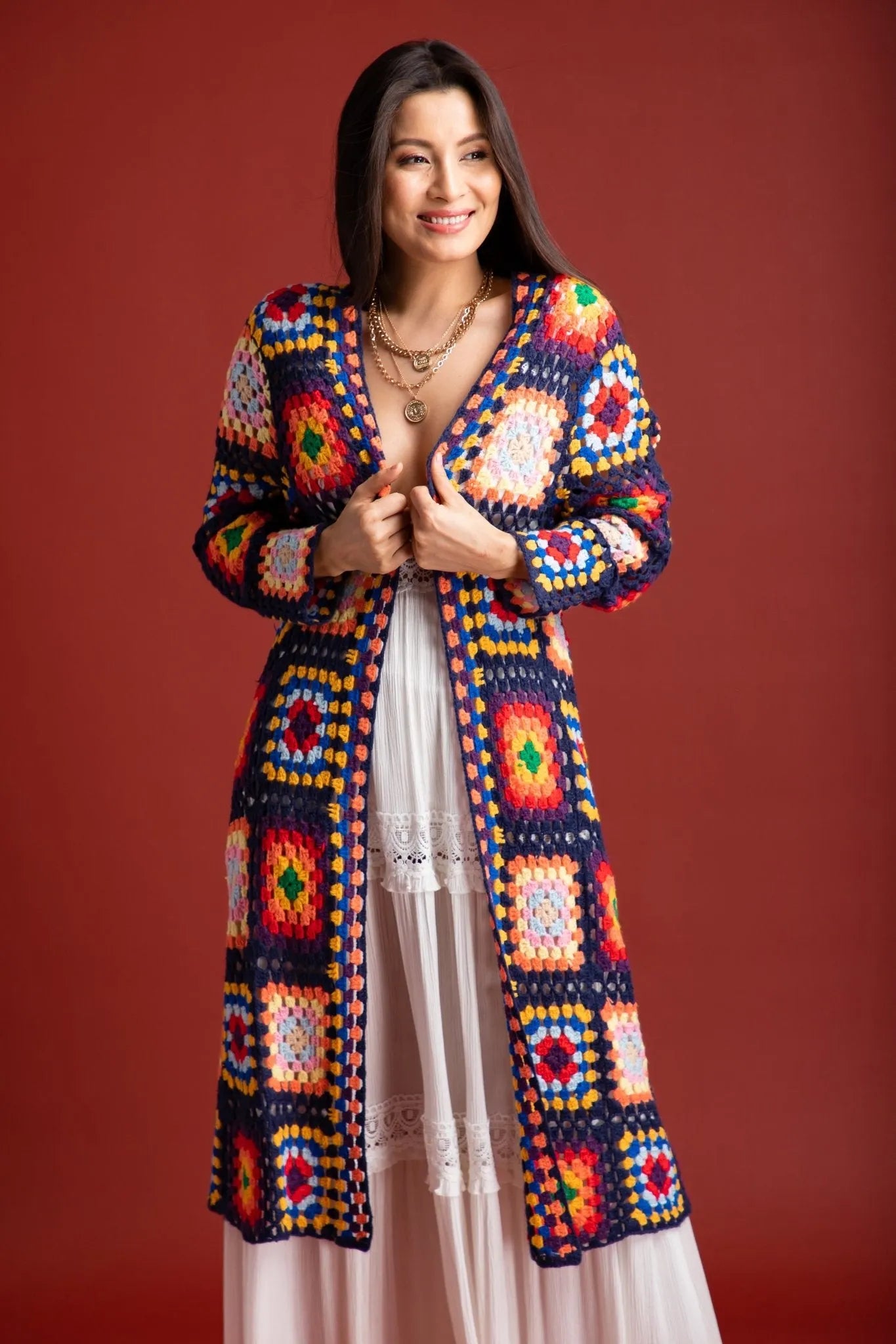 Vintage Granny Square Crochet Kimono Cardigan - Boho Chic Lace Cover Up for Women - Perfect for Beach, Music Festivals & Summer Evenings