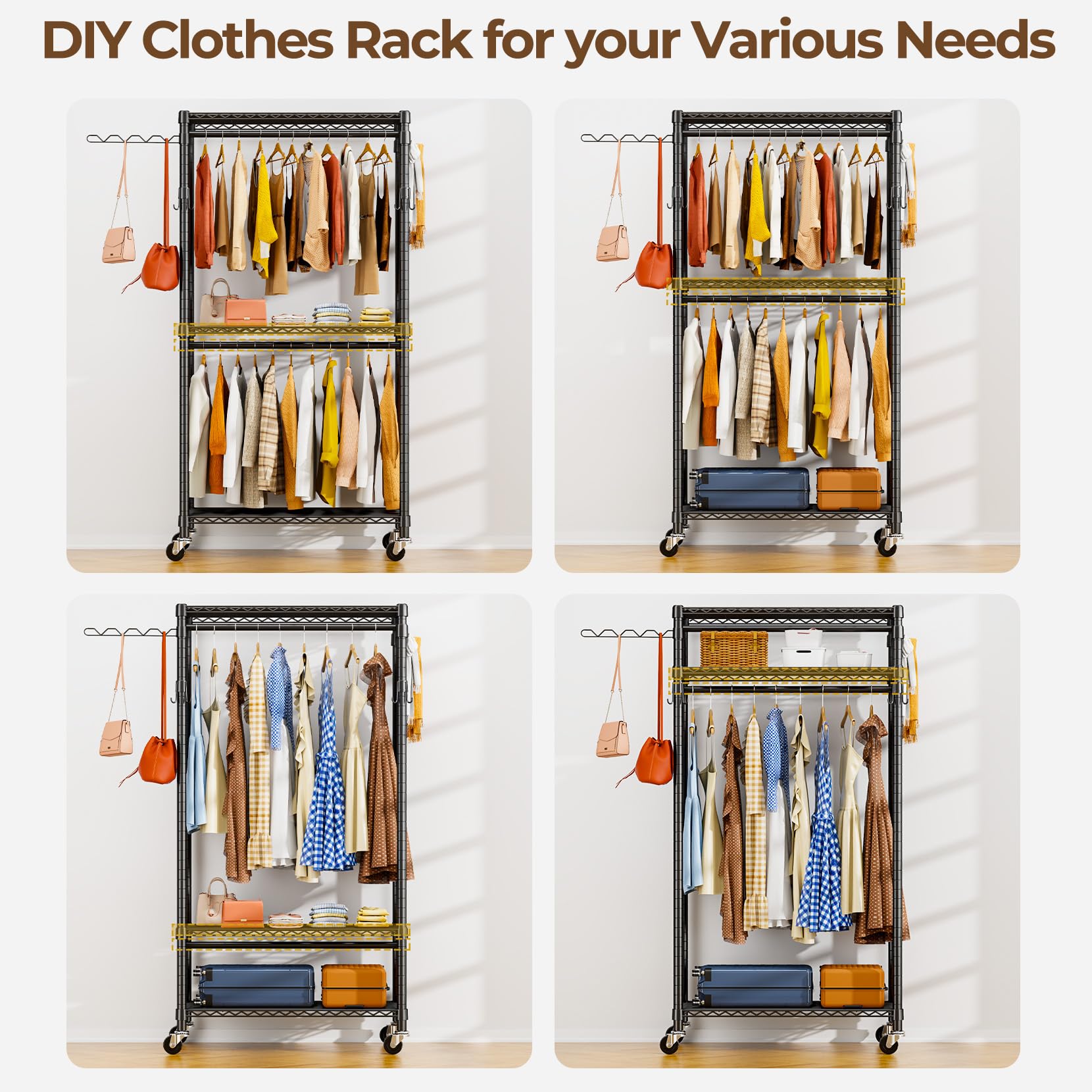 Heavy Duty Rolling Garment Rack with Shelves - 420 lbs Capacity Freestanding Clothes Hanger Organizer, Metal Wardrobe Closet Storage with Wheels (Black) - Perfect for Retail Stores, Boutiques & Home Closet Organization