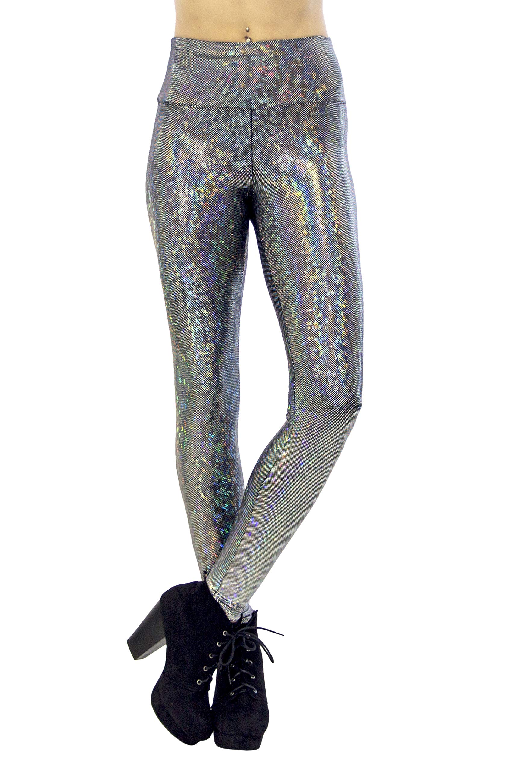 Women's Holographic Leggings - Iridescent Disco Yoga Pants with High Waist & Stretchy Fabric | Trendy Festival Outfit for Raves, Concerts & Dance Parties | Made in USA