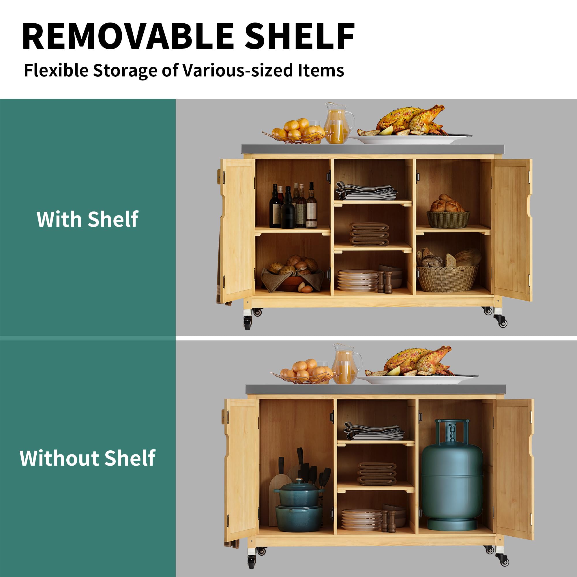 YITAHOME Solid Wood Patio Bar Table - XL Outdoor Storage Cabinet with Spice Rack & Side Handle - Large Space Portable Kitchen Island for Patio, Garden, Porch, Balcony - Perfect for Outdoor Entertaining & Small Space Storage