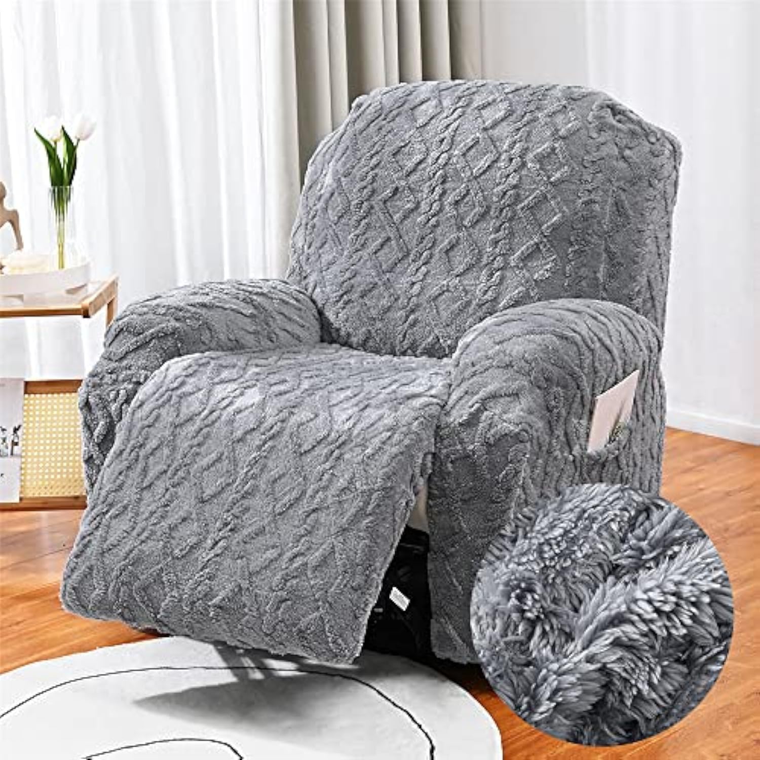 FANSU Stretch Recliner Chair Cover - Jacquard Plush Slipcover with Pockets for Electric Recliners & Armchairs (1 Seater, Grey) | Sofa Protector for Living Room, Home Theater & Office
