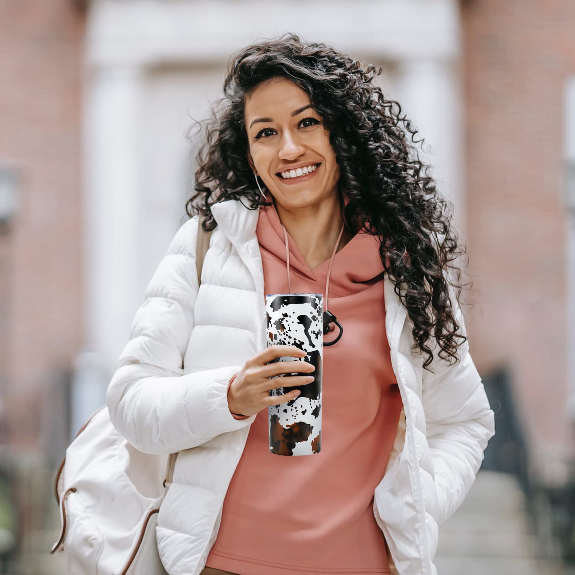 **20oz Cow Print Skinny Tumbler with Lid & Straw - Insulated Stainless Steel Travel Mug - Double Wall Coffee Cup - Perfect for Office, Gym, Travel - Great Birthday Gift for Women, Mom, Sister & Friends**