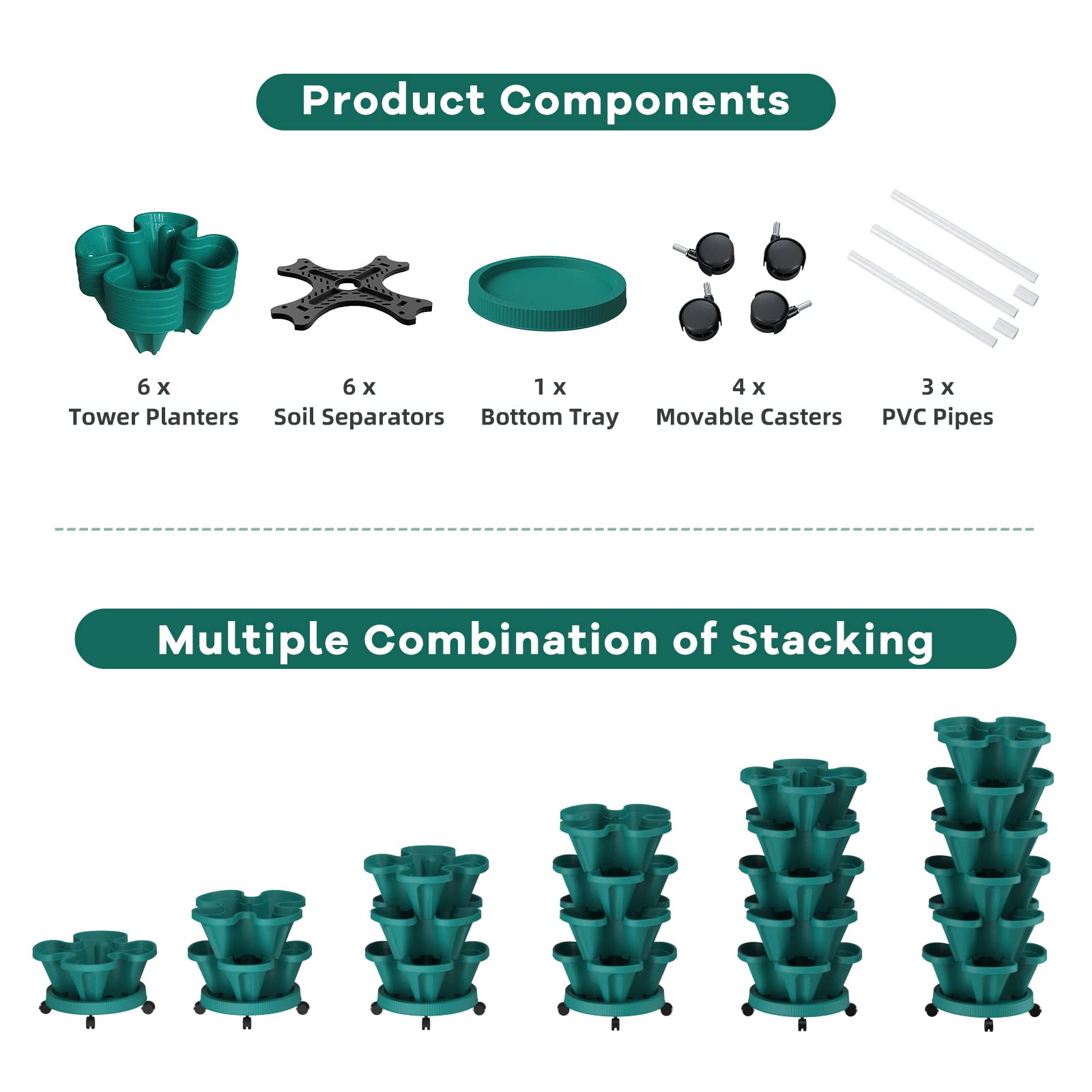6-Tier Strawberry Vertical Planter Tower Garden with Support Pole - Stackable Herb & Vegetable Planter for Indoor & Outdoor Use - Perfect for Small Spaces, Balconies, and Urban Gardening
