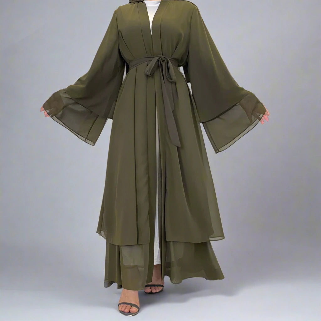Elegant Dubai Solid Color Chiffon Muslim Abaya Dress with Open Cardigan for Women - Perfect for Prayer, Modest Fashion & Special Occasions