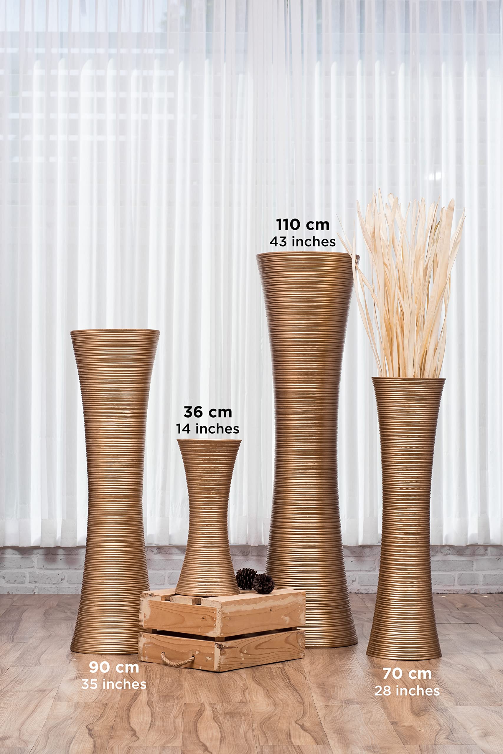 Leewadee 36 Inch Large Gold Floor Vase - Wooden Tall Farmhouse Decor for Flowers, Fake Plants & Pampas Grass - Perfect for Living Room, Entryway & Wedding Decor