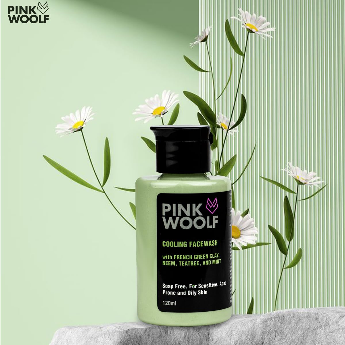 Pink Woolf Cooling Face Wash with French Green Clay, Neem, Tea Tree & Mint - Oil-Free & Soothing Cleanser for Sensitive, Acne-Prone & Oily Skin - 120ml (Pack of 1) | Perfect for Daily Skincare Routine & Post-Workout Refreshment