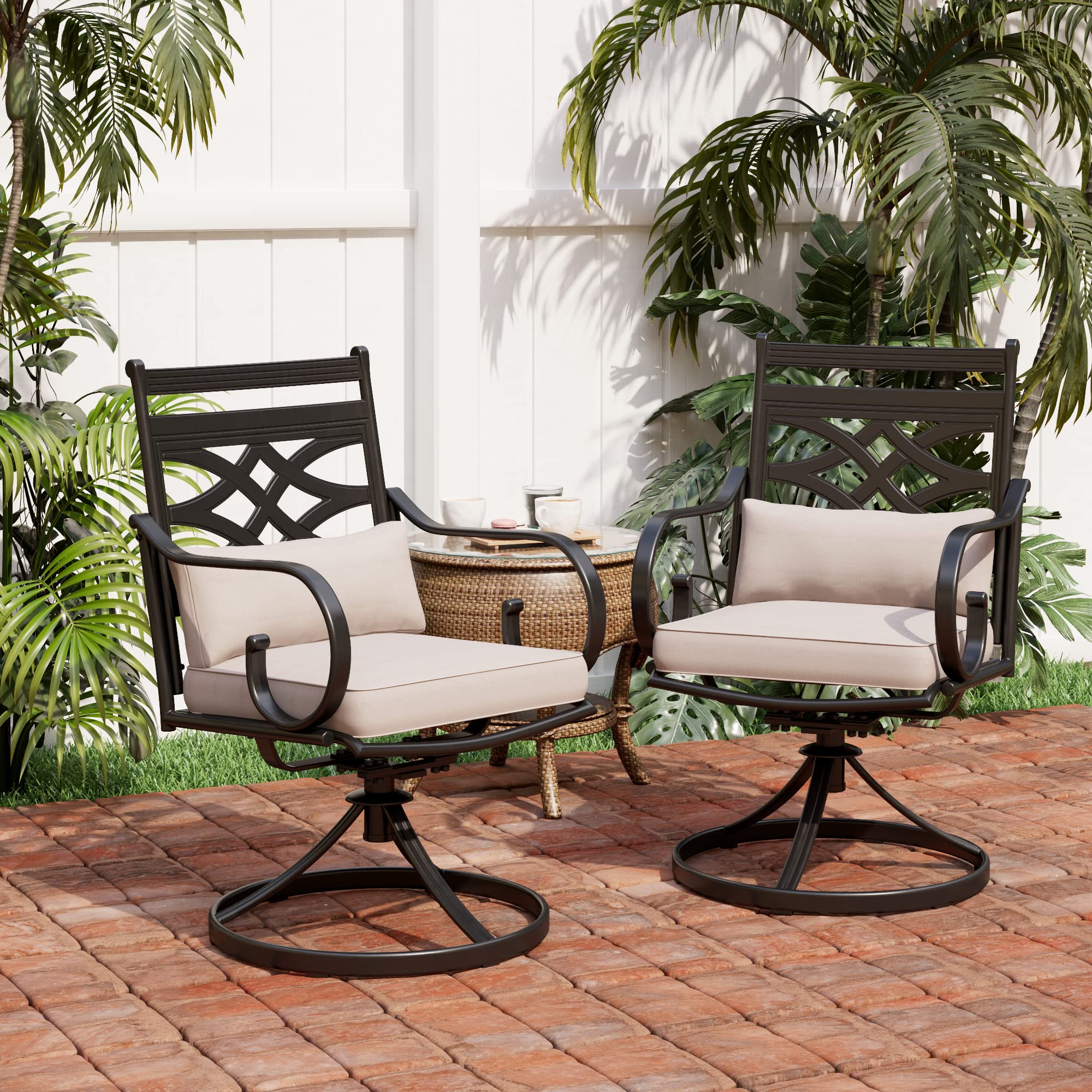 PHI VILLA 2-Piece Patio Dining Chairs Set - Outdoor Swivel Chairs with Cushion & Pillow - Weather-Resistant Garden, Lawn, Deck Furniture for Backyard, Poolside & Outdoor Entertaining