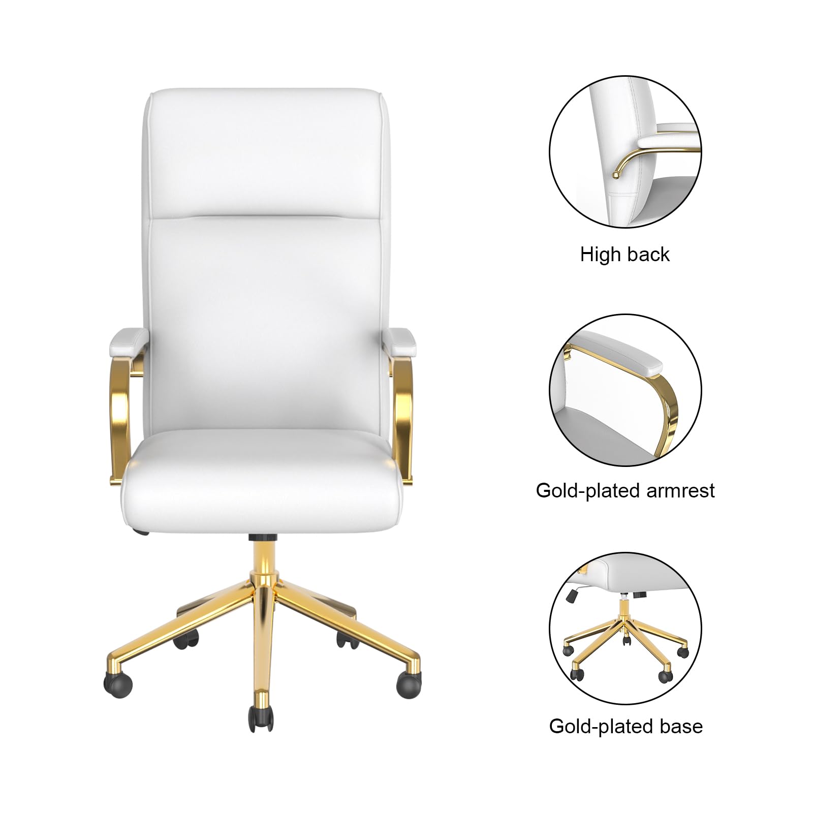 MUZII White PU Leather Executive Office Chair with Arms & High Back Support - 360° Swivel Ergonomic Desk Chair for Big & Tall Professionals - Perfect for Conference Rooms, Home Offices & Workspaces