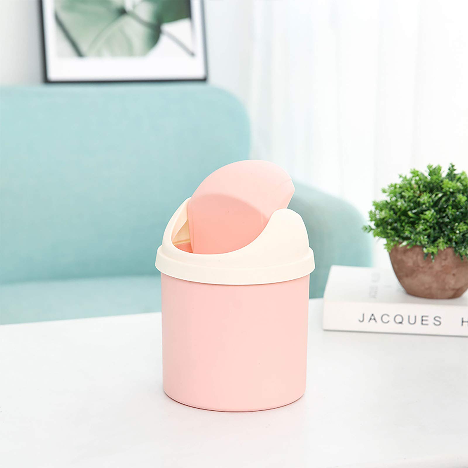 Mini Desktop Waste Bin with Swing Lid - Stylish Lace Polka Dot Small Trash Can for Office, Bathroom & Bedroom | Round Tabletop Garbage Bin for Home, Kids Room & Workspace | Eco-Friendly Green Waste Basket for Paper, Tissues & Small Trash Disposal