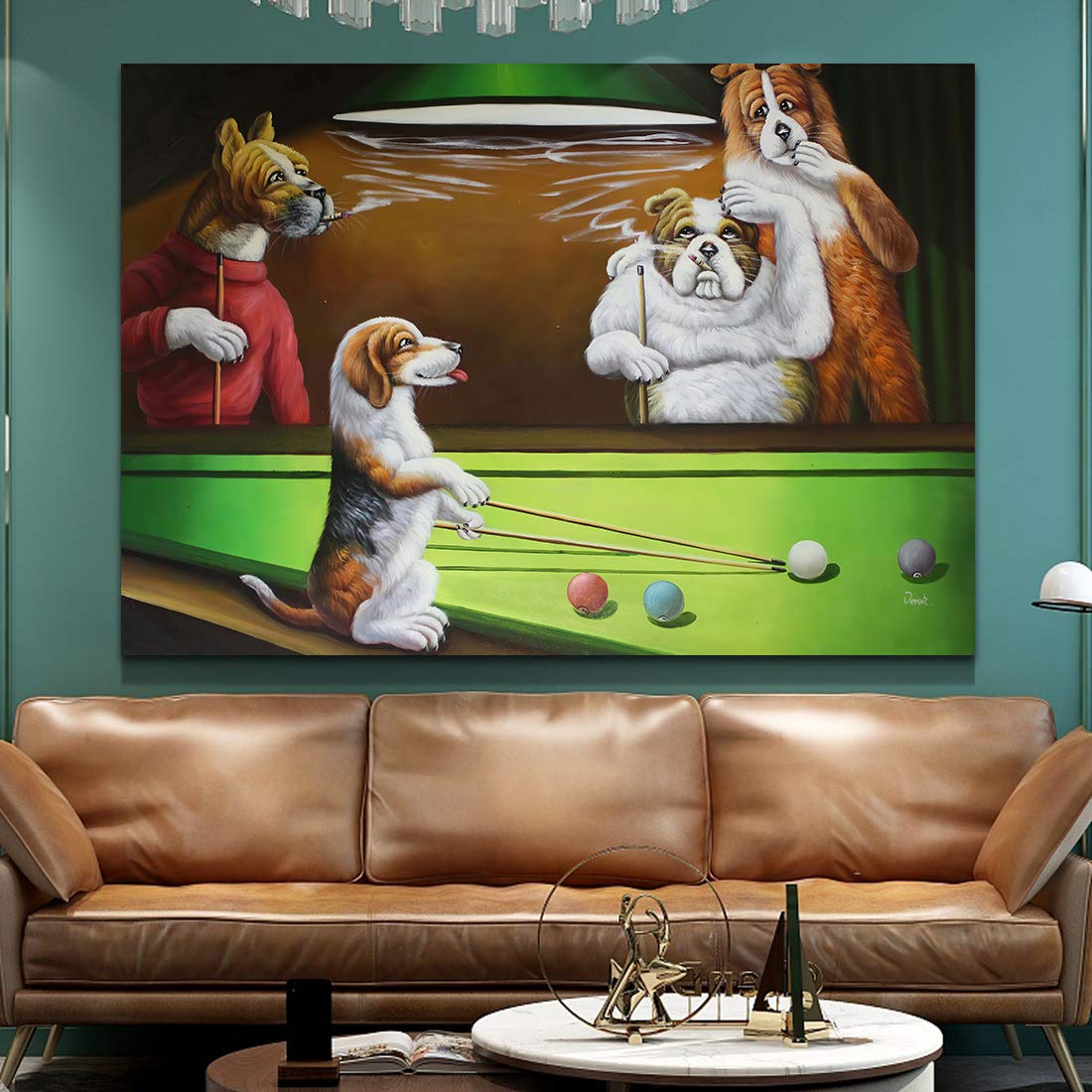 Denozer Dogs Playing Billiards Canvas Wall Art - 48x32 Inch Giclee Print Gallery Wrapped Modern Home Decor - Perfect for Living Room, Bedroom or Office Wall Decoration