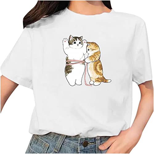 HRAPDA Women's Cute Summer Tops - Trendy Cat Print Short Sleeve Crew Neck Tunic Blouse for Casual & Dressy Occasions | Loose Fit T-Shirt for Outfits, Beach Wear & Daily Fashion