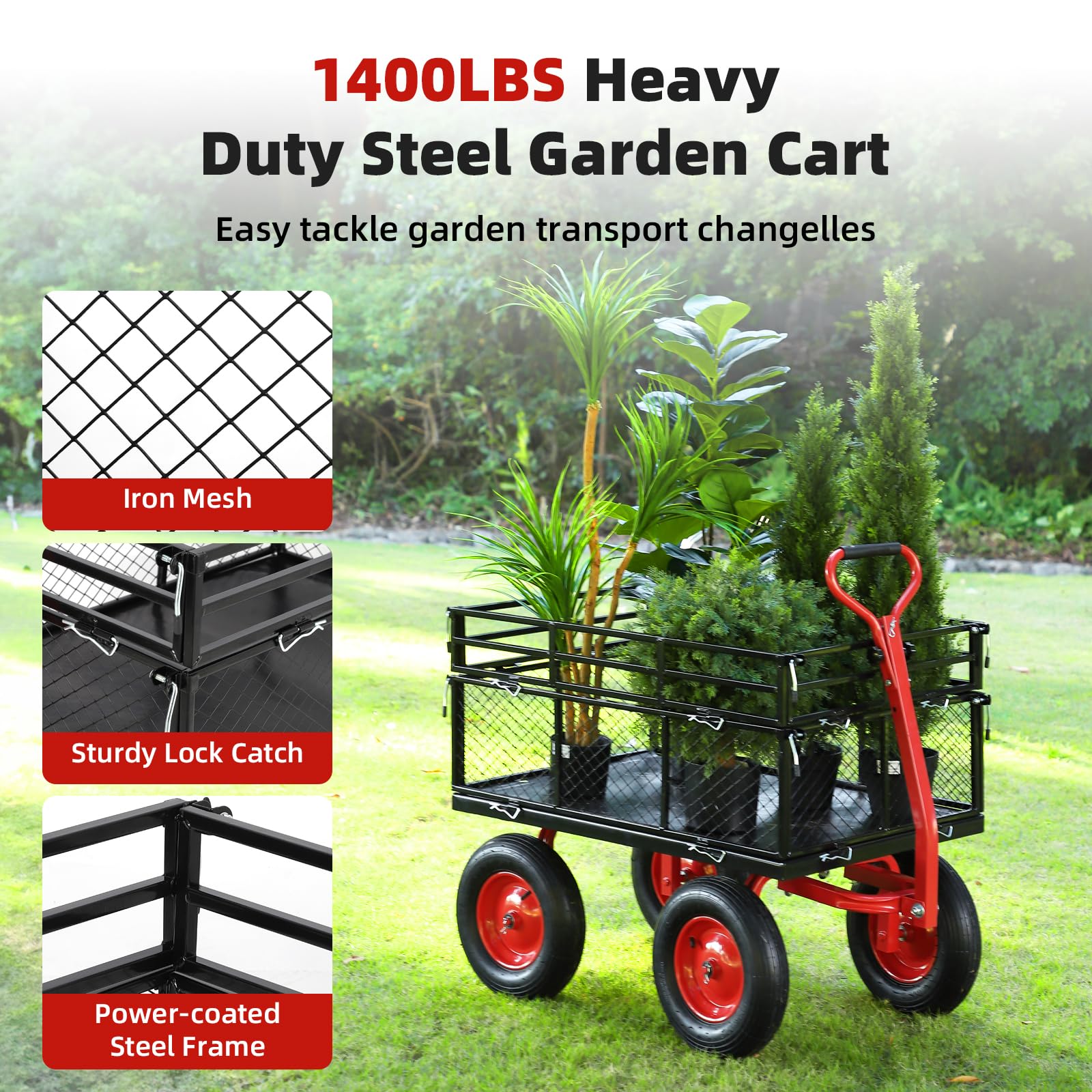 1400 LBS Heavy Duty Steel Garden Cart - 2-in-1 Convertible Yard Wagon with Removable Sides & Flatbed Utility - Perfect for Landscaping, Farm Work, and Home Gardening Tasks