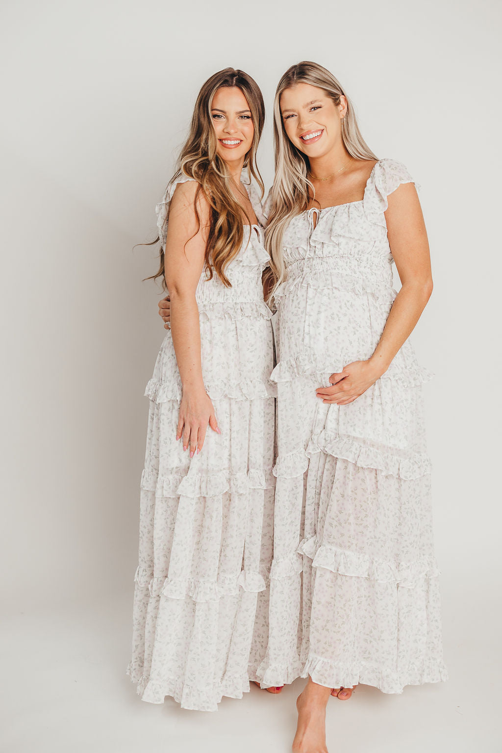 Astrid Ruffle Detail Maxi Dress in Lavender Floral - Bump Friendly Maternity Dress for Pregnancy & Nursing | Perfect for Baby Showers, Weddings & Summer Vacations