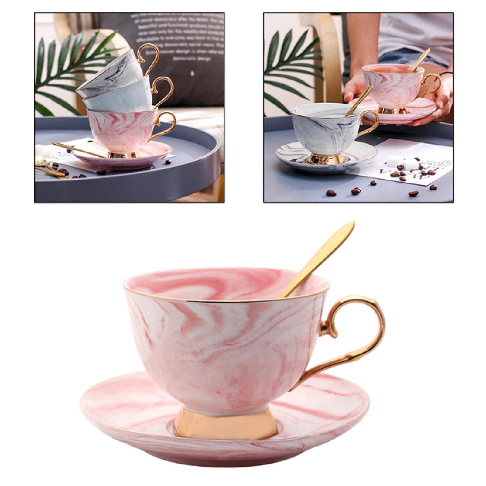 SAIFEI Pink Color Glaze Coffee Cup and Saucer Set - 201-300ml Cappuccino Tea Cup with Spoon - Elegant Drinkware for Home, Cafe & Wedding Gifts - Perfect for Coffee, Tea & Decor