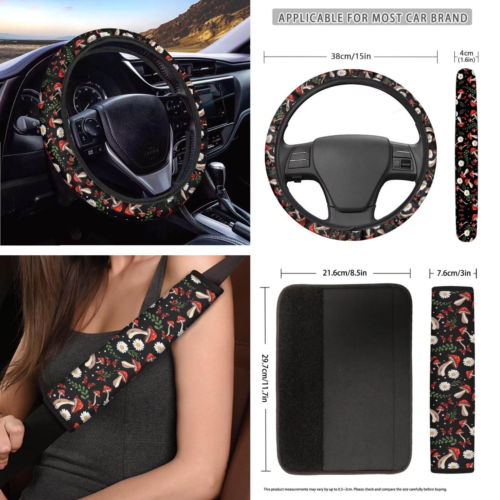 Aesthetic Mushroom Print Women's Steering Wheel Cover & Seat Belt Covers Set of 3 - Soft Polyester Fabric Car Interior Accessories for Comfort & Style - Perfect for Daily Commute, Road Trips & Gift Giving