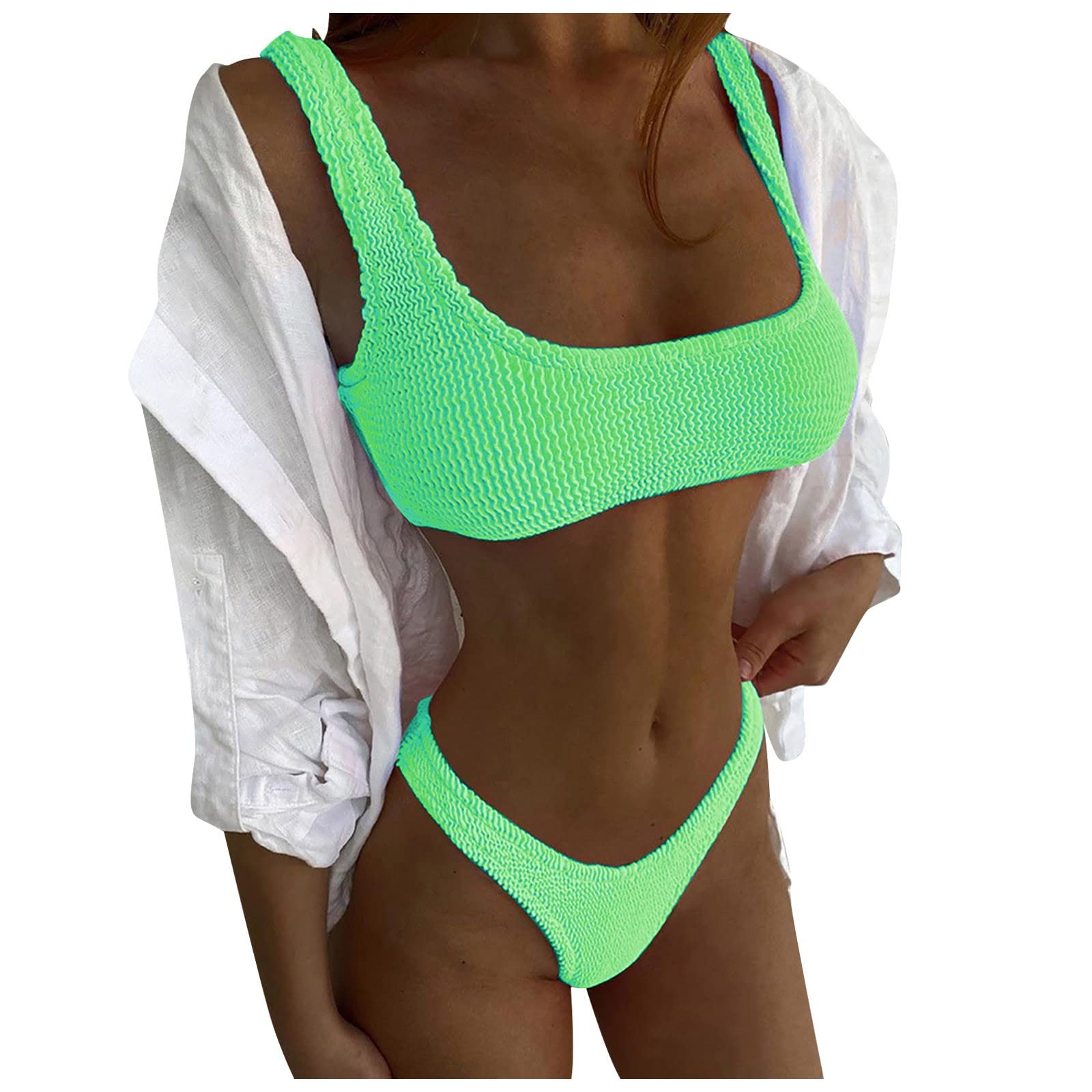 Plus Size Women's Casual Macaron Color Crinkle Cloth Solid Bikini Split Swimsuit - Tummy Control Swimwear for Beach, Pool & Summer Vacation