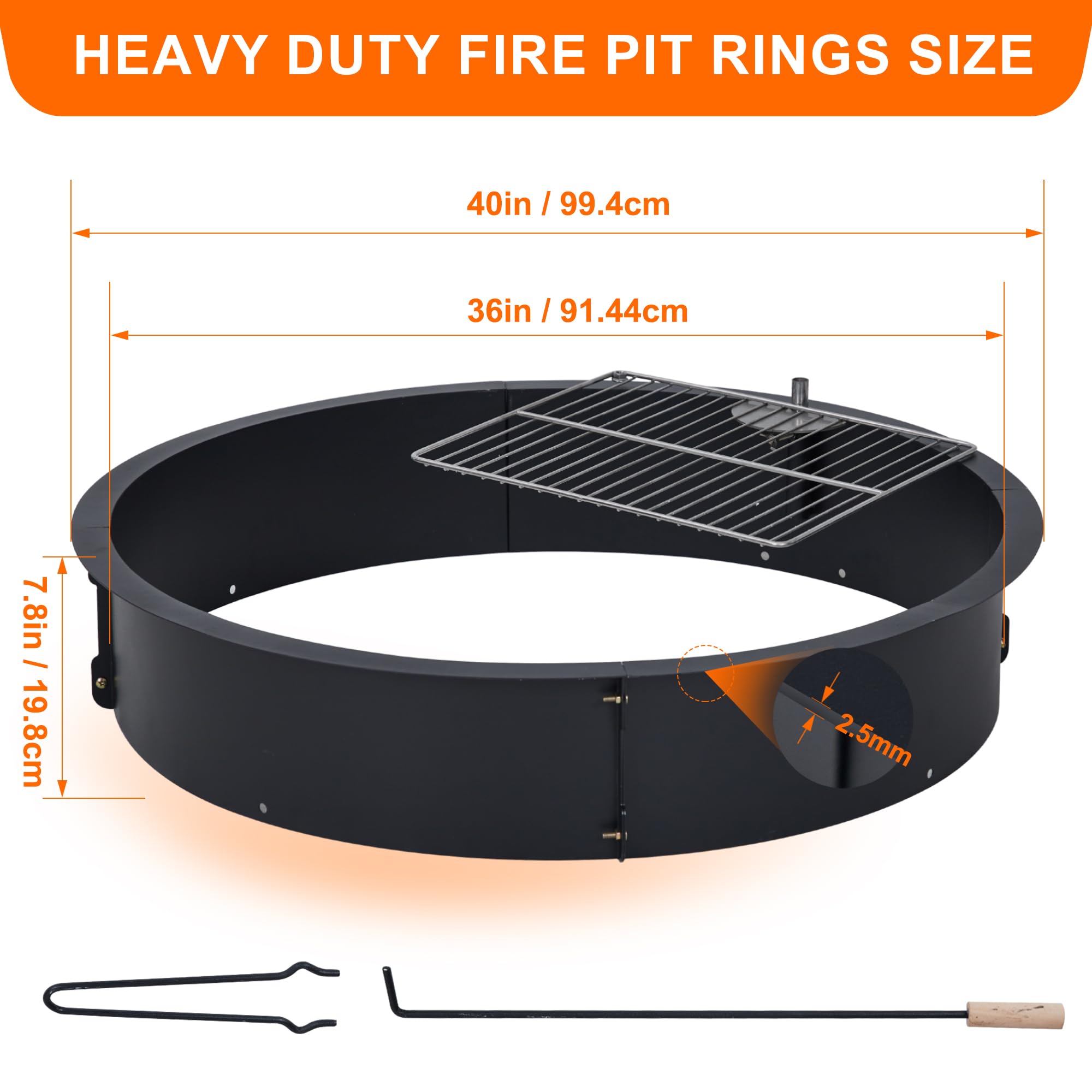 36 Inch Heavy Duty Steel Fire Pit Ring Insert - Outdoor Fire Pit Liner with Cooking Grate for Wood Burning | DIY Camping, Patio, Backyard & Garden Use | Perfect for Roasting Marshmallows, Bonfires & Outdoor Cooking