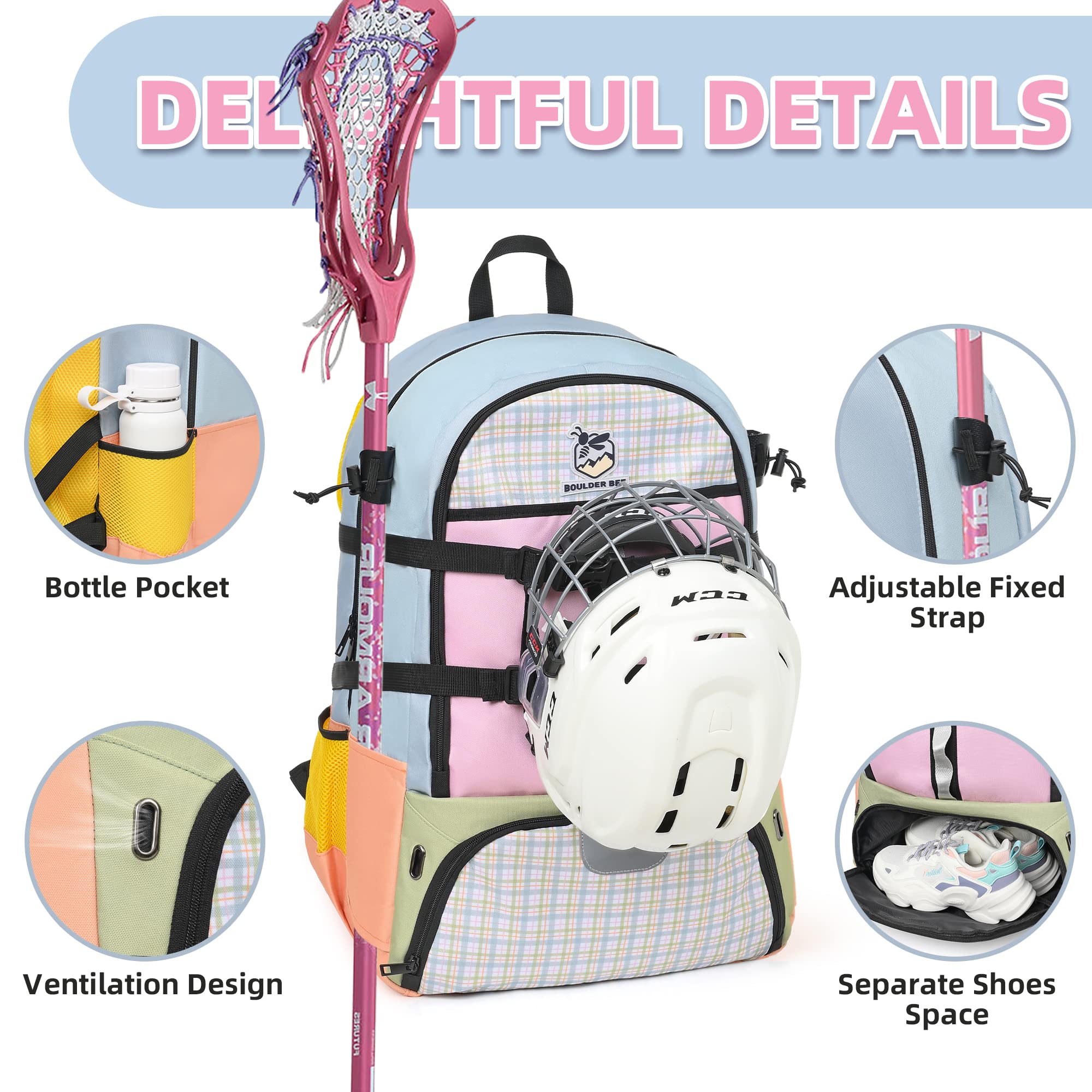 Boulder Bee Lacrosse Backpack with Stick Holders - Durable Field Hockey Sports Bag for Women & Girls - Perfect for Training, Games & Travel Accessories