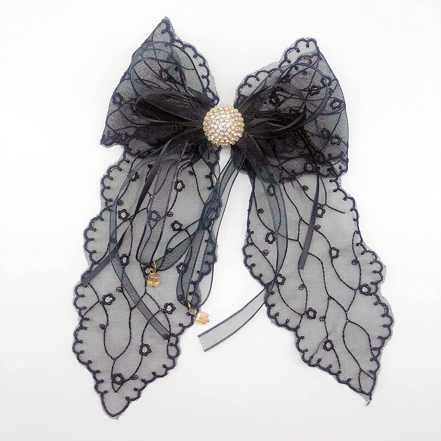 VSAKSH Large Lace Ribbon Bow Hair Clips - Elegant Metal French Barrette Hairpins for Women & Girls | Handmade Hair Accessories in White, Off White & Black | Perfect for Weddings, Parties & Everyday Style