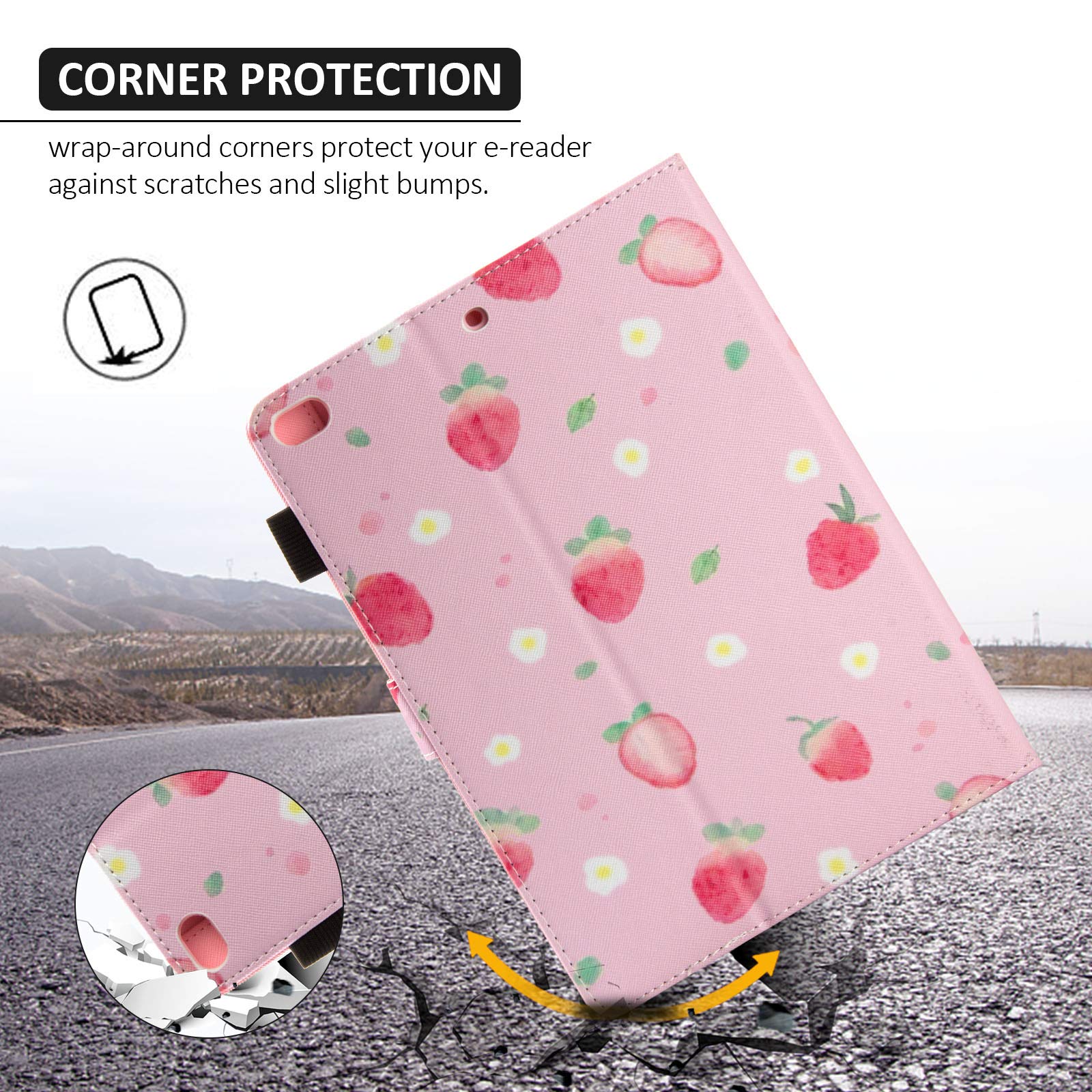 Dteck iPad 9.7 Case (2017/2018) & iPad Air 2/Air Case - Premium PU Leather Smart Cover with Auto Wake/Sleep, Adjustable Stand & Soft Rubber Back - Strawberry Color - Perfect for Work, Travel & Home Use
