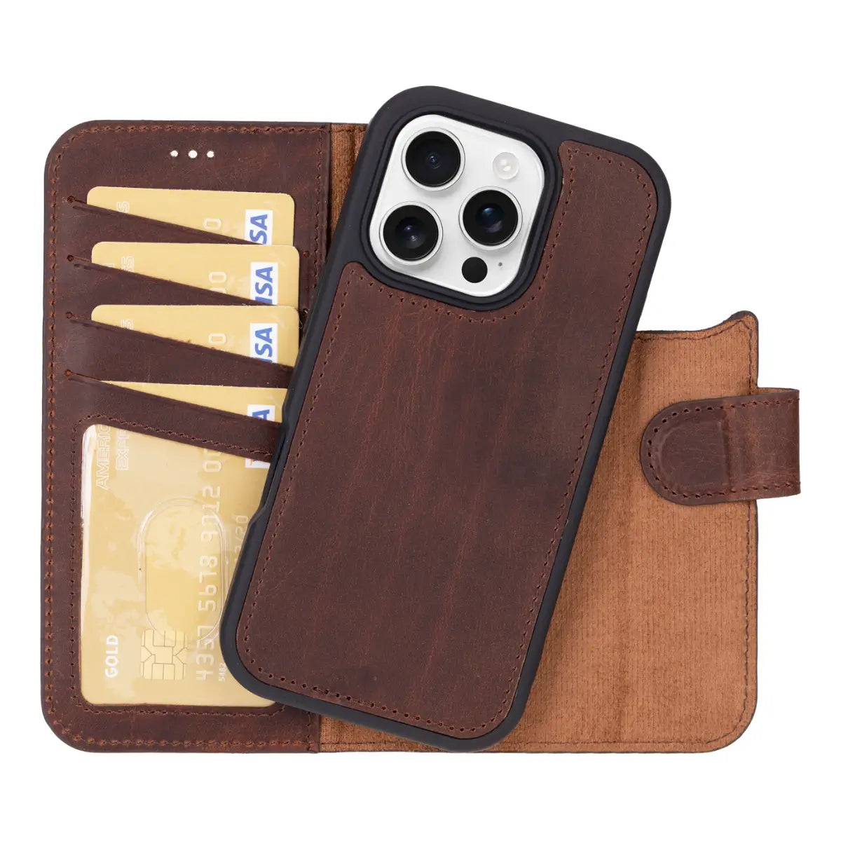 Vintage Distressed Brown Leather iPhone 17 Pro Wallet Case - Slim Protective Cover with Card Slots for Credit Cards & ID - Perfect for Travel, Business & Everyday Use
