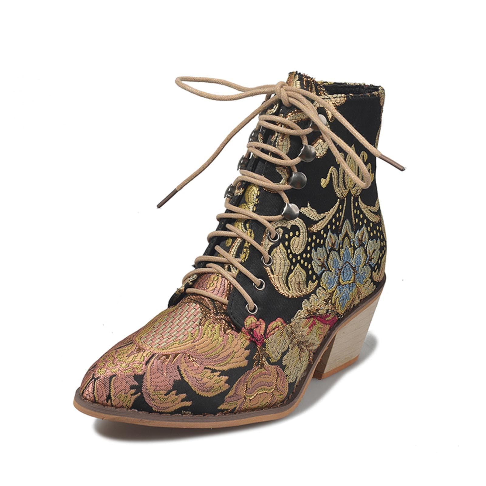Vintage Women's Cowboy Ankle Boots - Low Heel Embroidered Western Cowgirl Boots with Lace-Up Design | Perfect for Country Dancing, Rodeo Events & Western Fashion Outfits