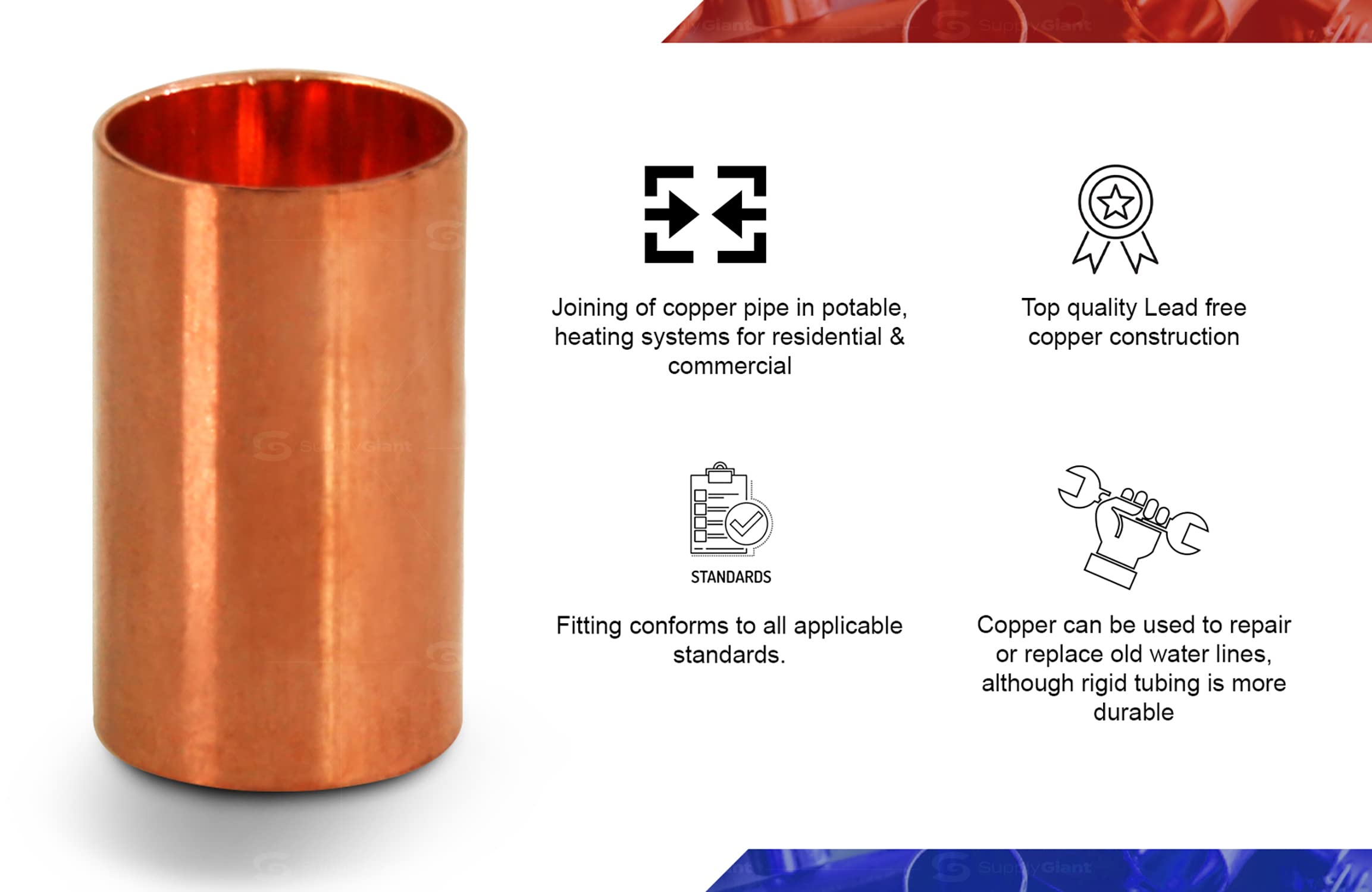 1-1/4 Inch Straight Copper Coupling with Sweat Sockets - No Tube Stop - Plumbing Fittings for Water Supply & HVAC Systems