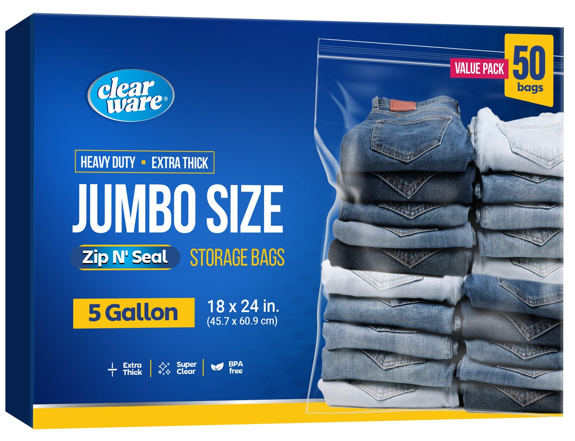 50 Large 5 Gallon Zipper Storage Bags 18