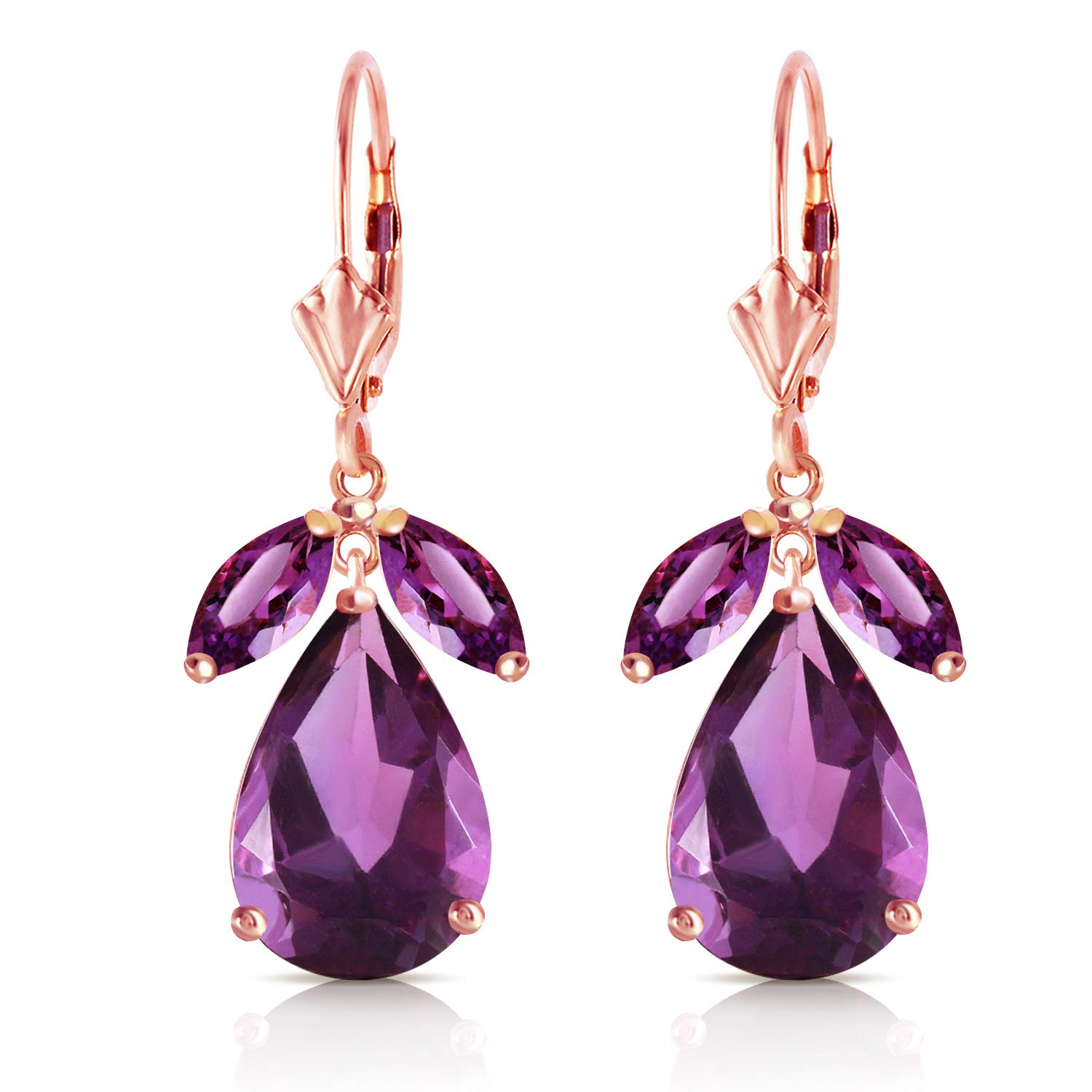 14K Rose Gold Leverback Earrings with Natural Amethyst Gemstones - Elegant Dangle Earrings for Women, Perfect for Weddings, Parties & Special Occasions