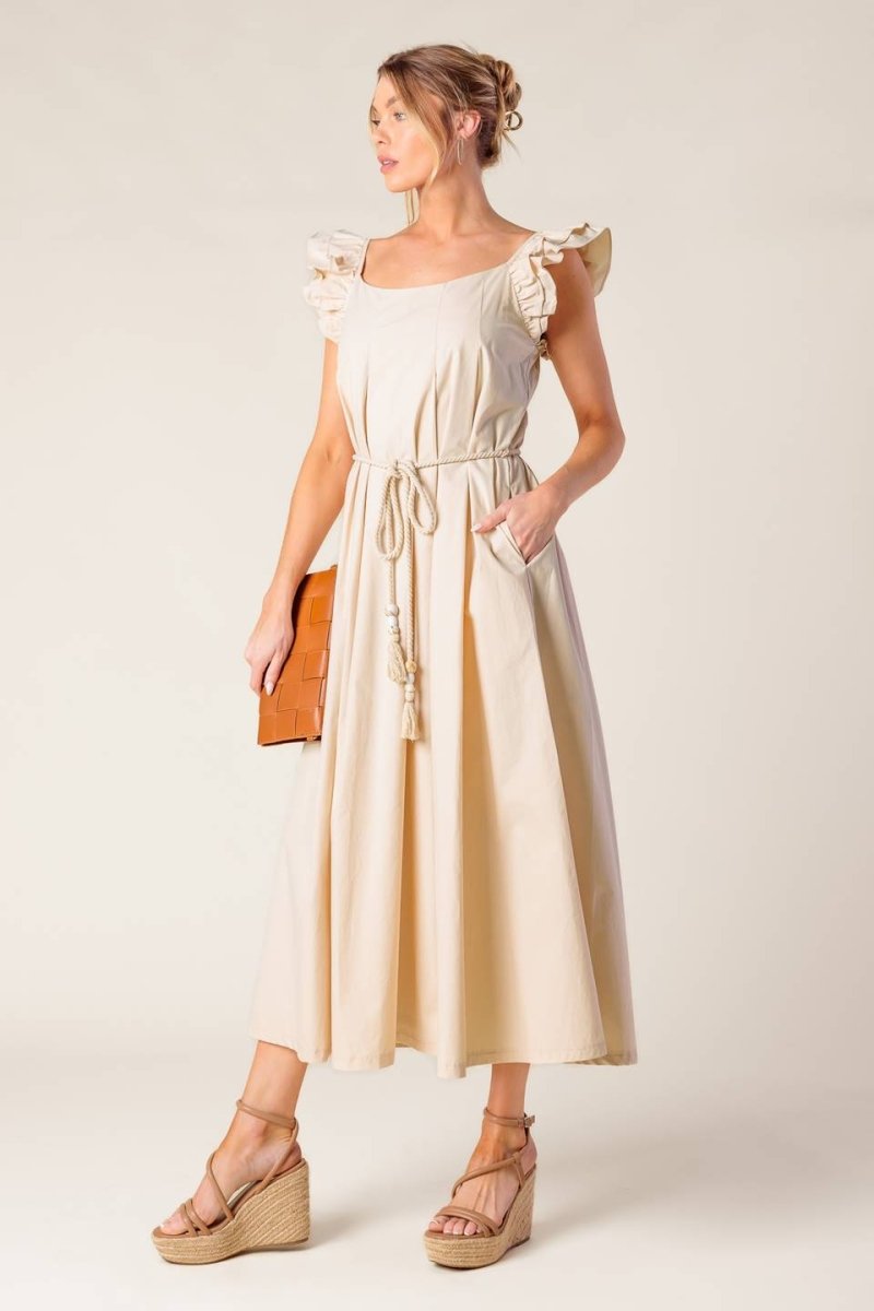 Champagne Toast Taupe Woven Midi Dress for Women - Elegant Cocktail Party & Wedding Guest Outfit