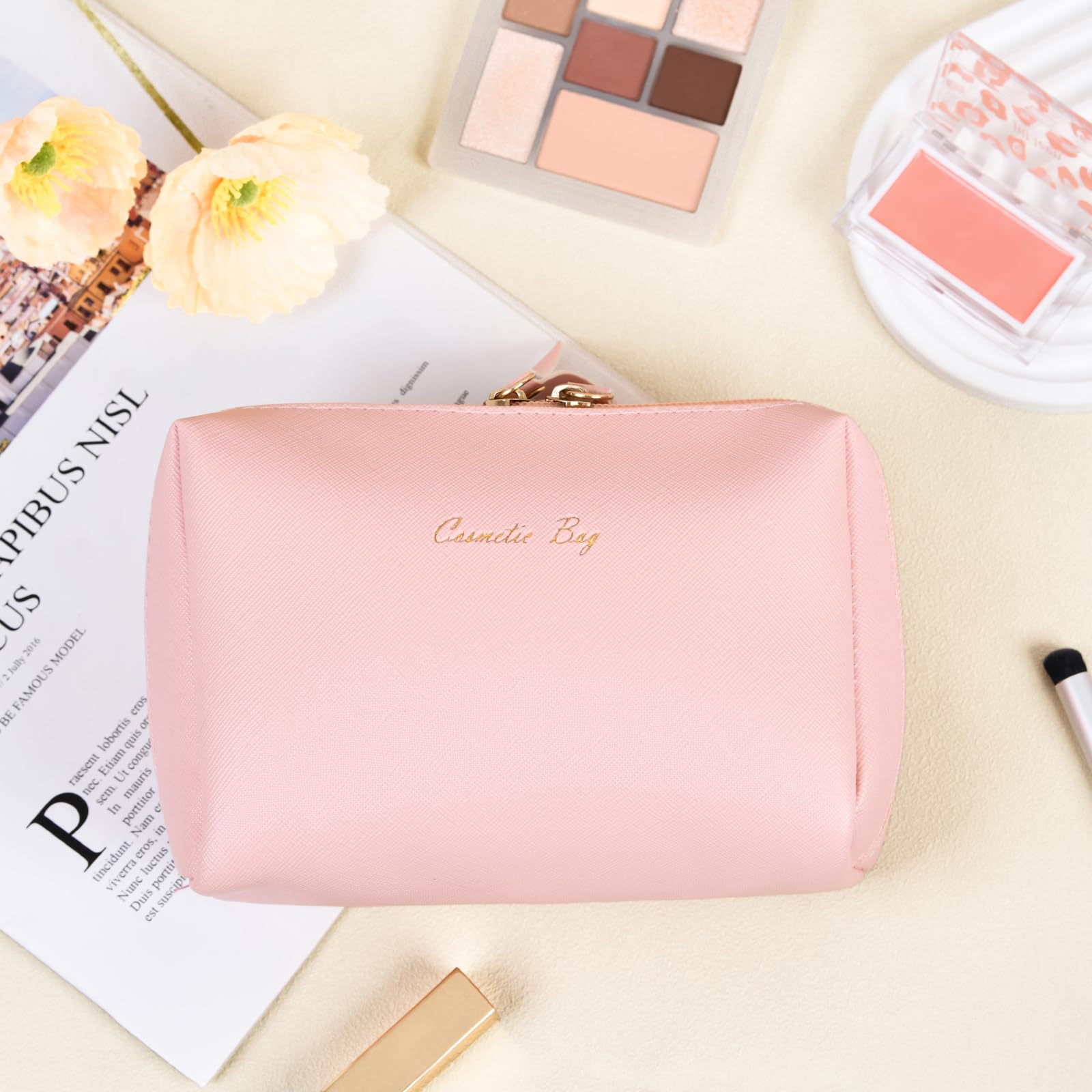 Topwey Waterproof Makeup Bag for Women - Small Pink Travel Cosmetic Organizer with Divider, Portable Toiletry Pouch | Perfect for Vacation, Gym & Daily Essentials Storage