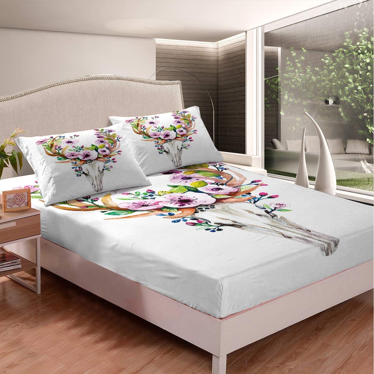 Cattle Skull Printed Kids Bedding Set - Pink Floral Duvet Cover with Deep Pockets, Queen Size White 3-Piece Set (1 Fitted Sheet + 2 Pillowcases) | Western Theme Bedroom Decor for Boys & Girls