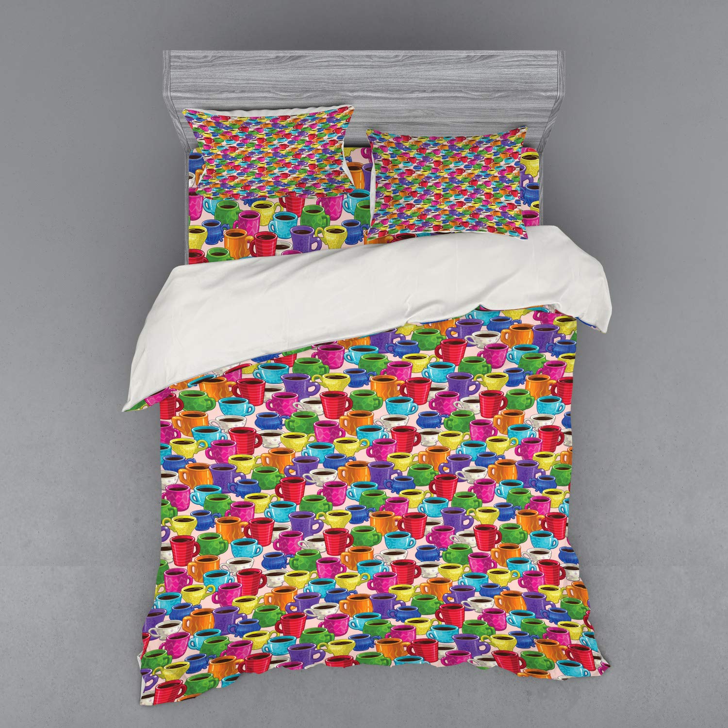 Ambesonne Cartoon Duvet Cover Set - Colorful Vintage Coffee House Print 4-Piece Bedding Set with Shams & Fitted Sheet, Queen Size, Multicolor | Perfect for Retro Themed Bedrooms, Guest Rooms & Cozy Home Decor