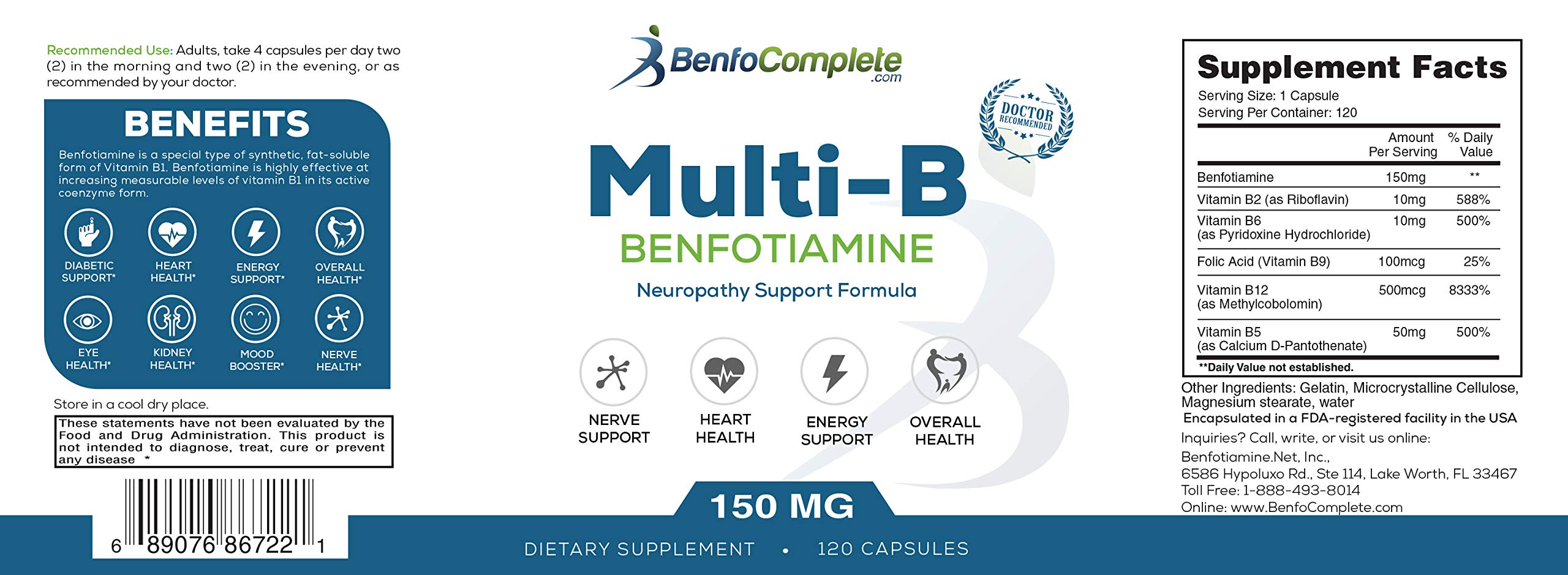 Benfotiamine 150mg for Neuropathy Support - 120 Gelatin Capsules per Bottle (Pack of 6) - Nerve Health Supplement for Diabetic & Peripheral Neuropathy Relief - Ideal for Daily Wellness & Pain Management