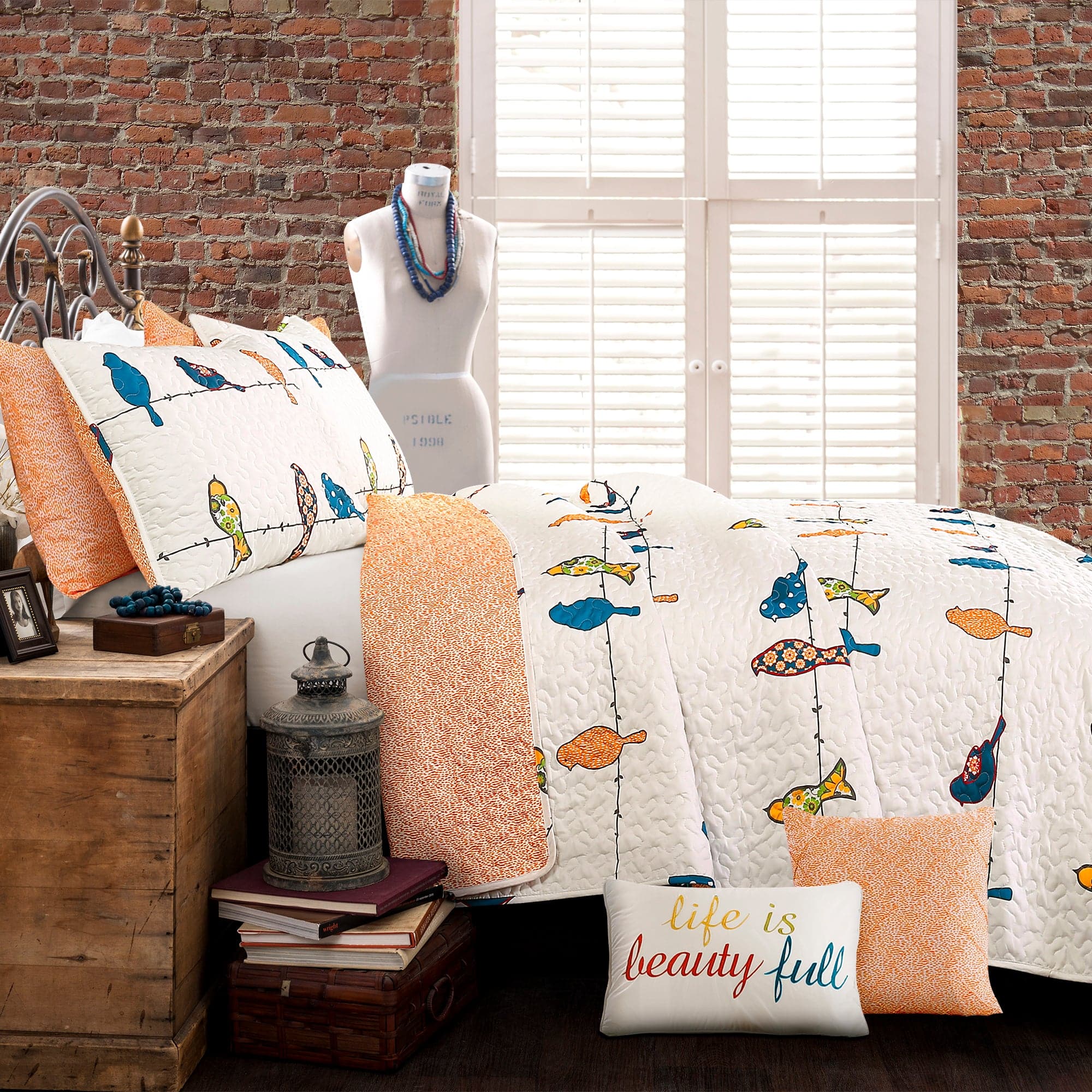 Rowley Birds Quilt 7-Piece Bedding Set - Soft Cotton Comforter, Duvet Cover, Pillow Shams - Perfect for Master Bedroom, Guest Room & Cozy Home Decor