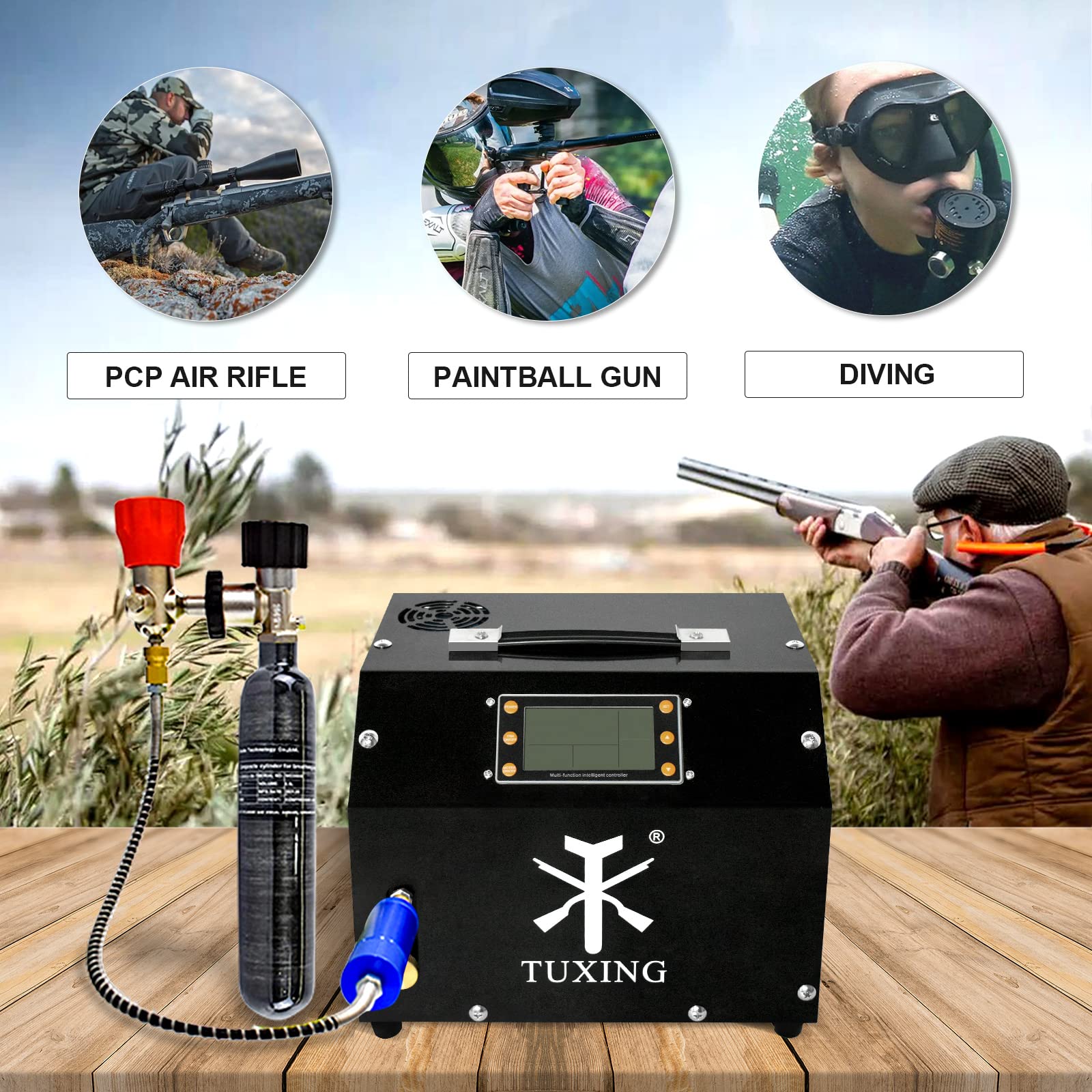 TUXING 4500Psi PCP Air Compressor with Auto-Stop & Water Cooling System - High Pressure Air Compressor for Scuba Diving Tanks, PCP Air Rifles, Paintball - 110V Electric Air Pump (TXET063) | Perfect for Outdoor Sports, Hunting & Underwater Adventures