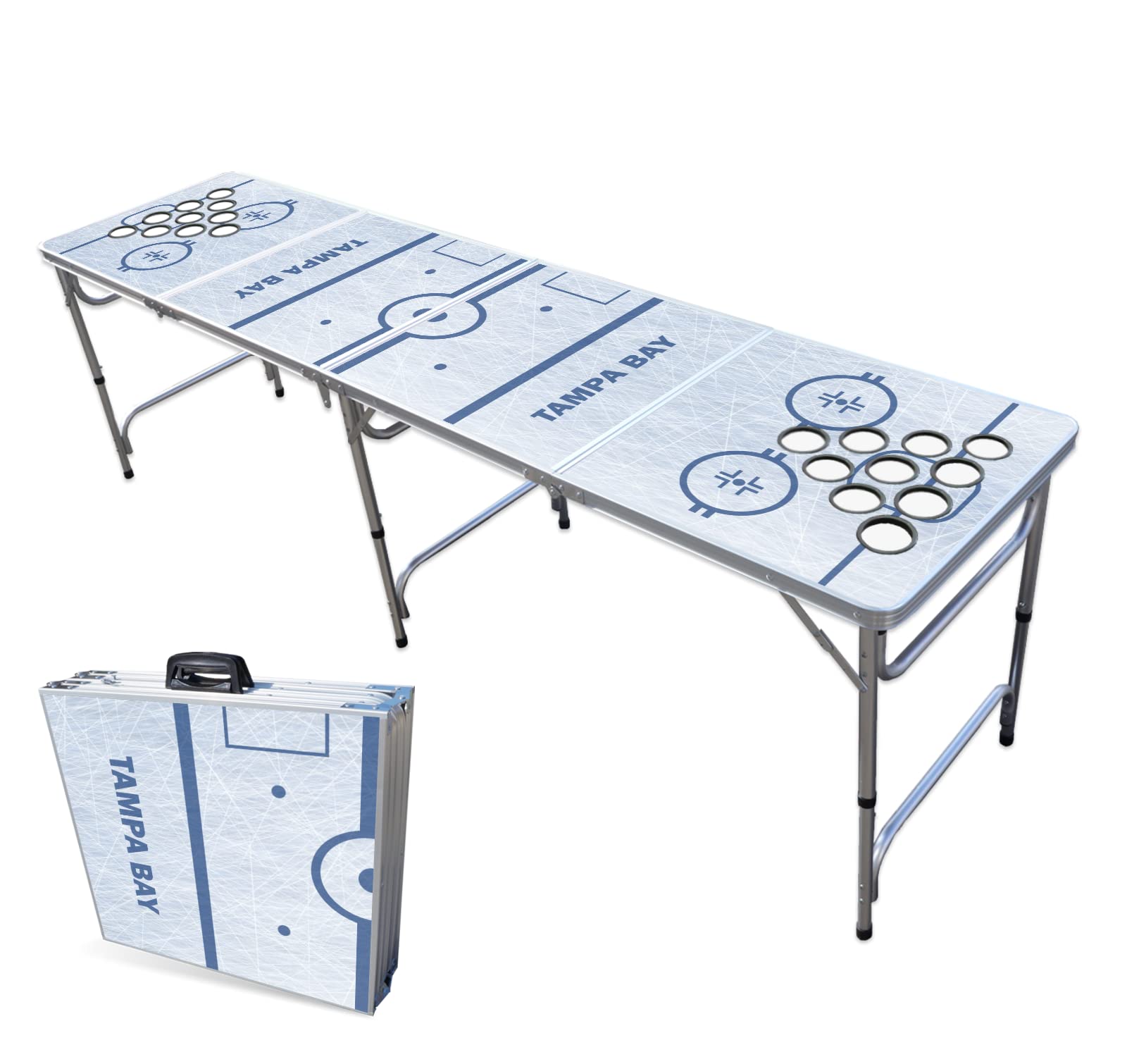 8-Foot Folding Portable Beer Pong Table with LED Lights & Custom Cup Holes - Tampa Bay Hockey Rink Design for Outdoor Parties, Tailgates & College Events (Multiple Models Available)